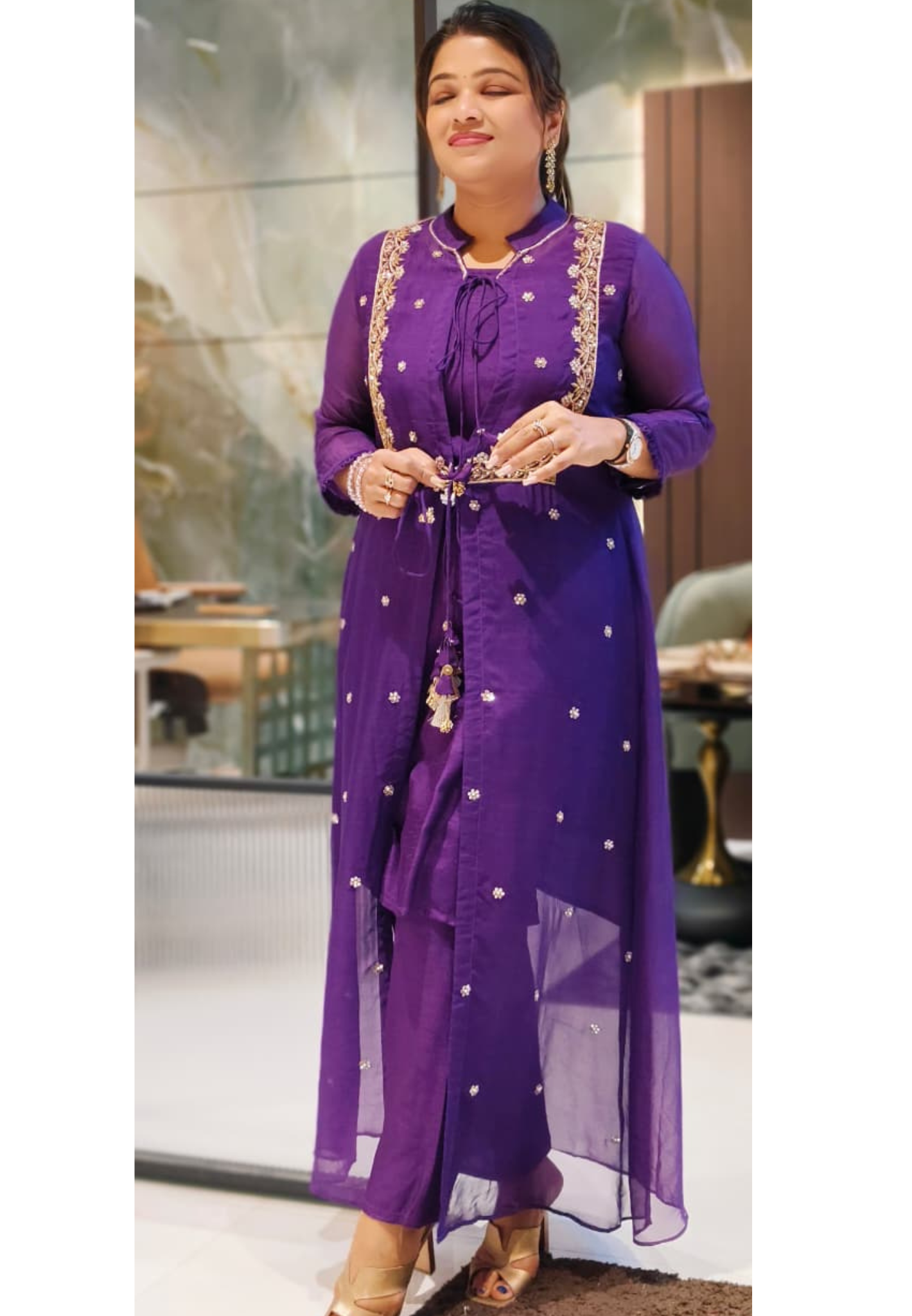 Co-Ordinated Neck Line Pearl Tassel Fronted Slitted Long Organza Outer With Kurta Pant Set In Silk Fabric- 12776, 12775, 12774