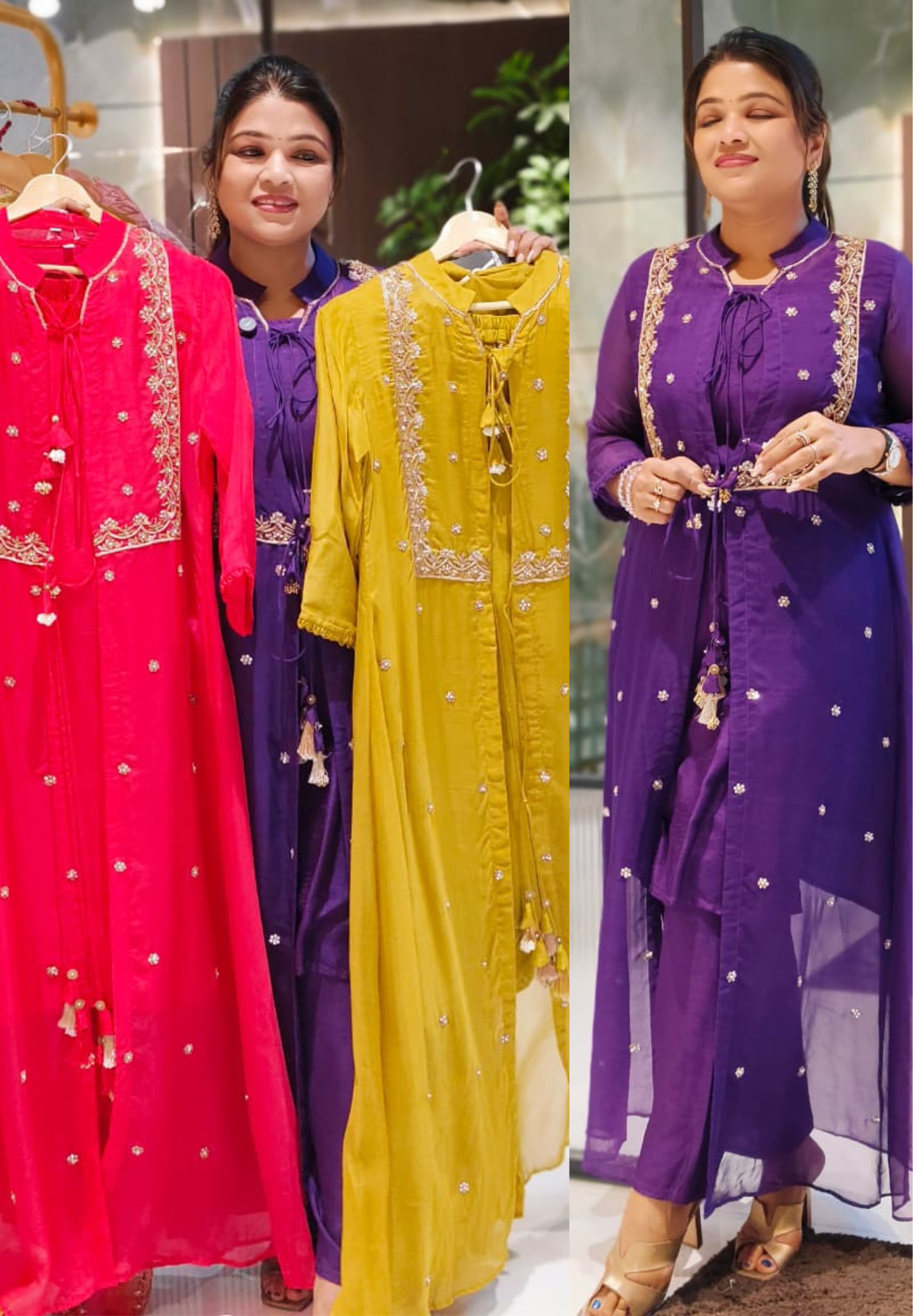 Co-Ordinated Neck Line Pearl Tassel Fronted Slitted Long Organza Outer With Kurta Pant Set In Silk Fabric- 12776, 12775, 12774