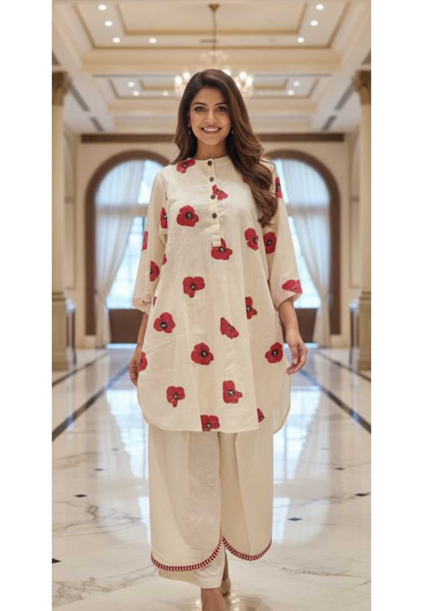 Giant Vibrant Flower Patch Mandarin Collared Co-Ord Set In Flex Cotton Fabric