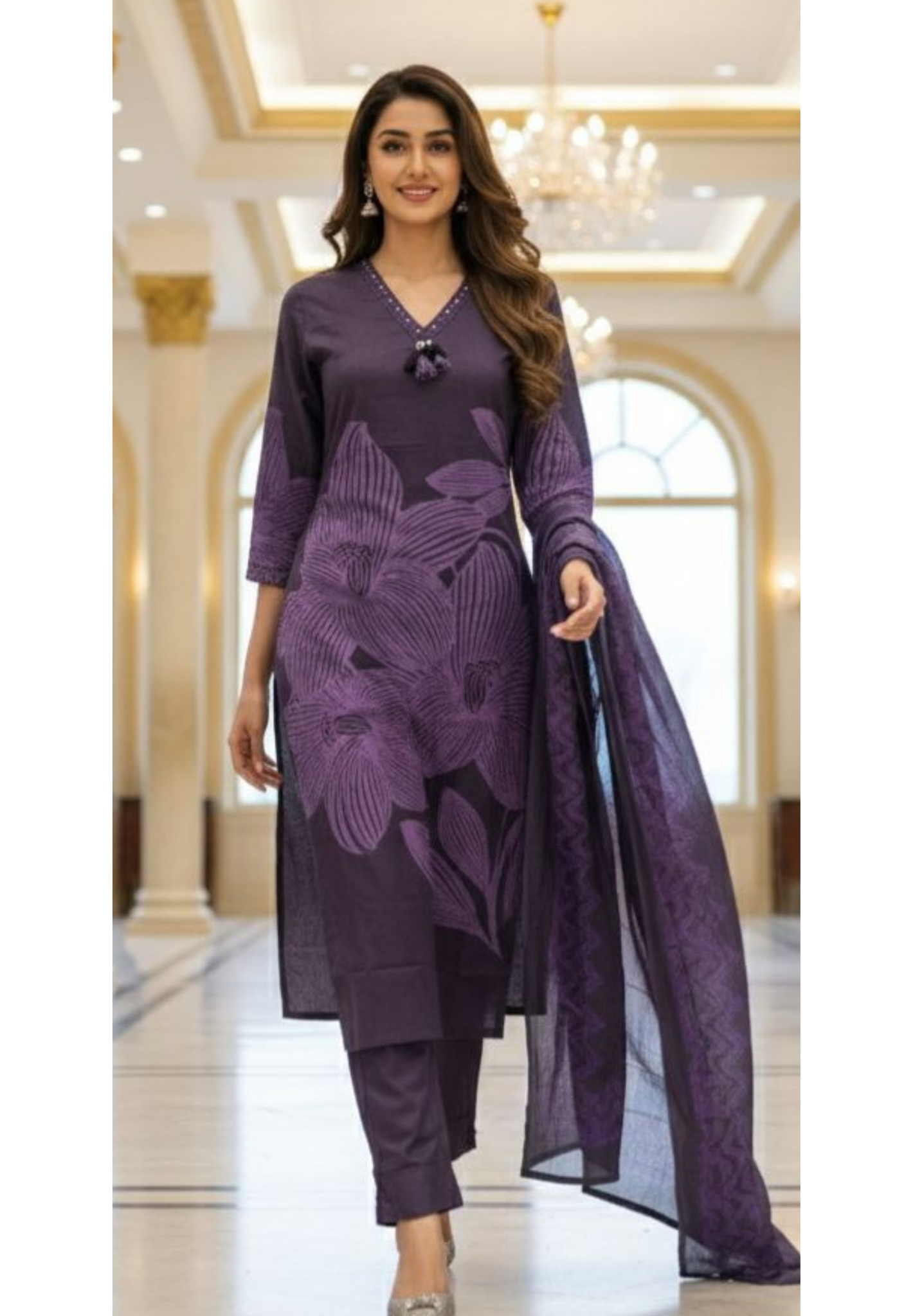 Premium Purple Cotton Suit Set with Bold Floral Print Kurta, Matching Pant & Printed Dupatta