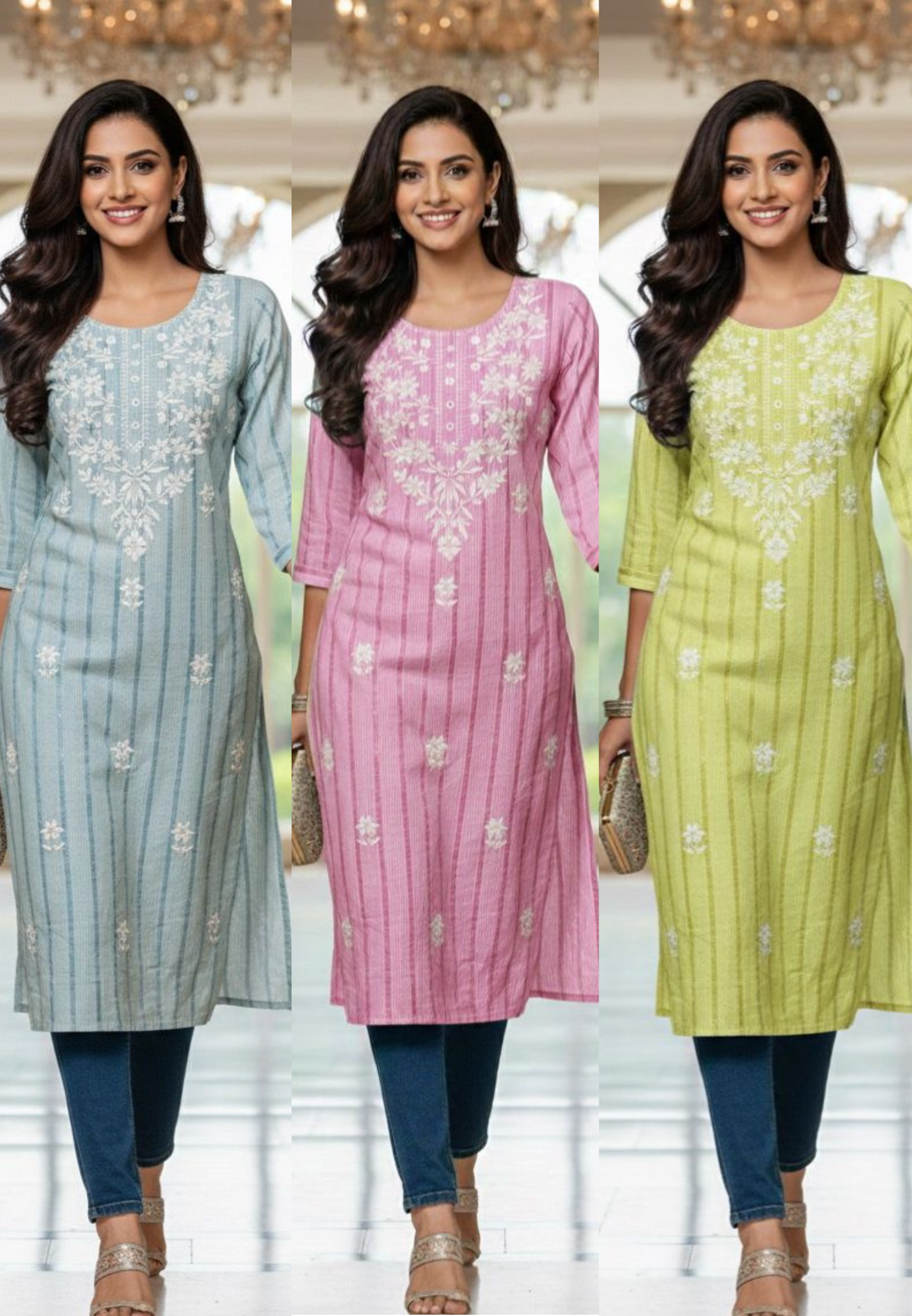 Daily Wear Comfort Fit Elegant Striped Cotton Kurti with Intricate Thread Embroidery