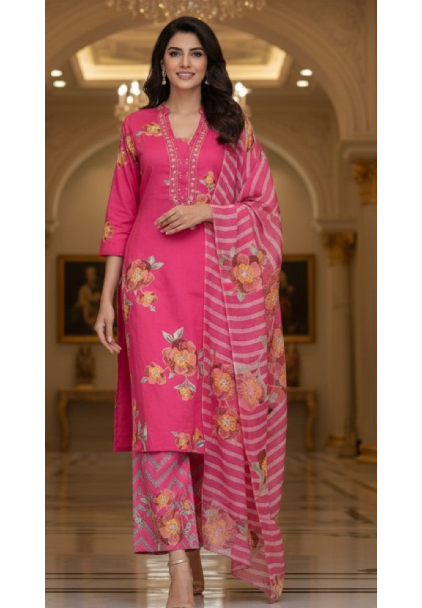 Elegant Pink Floral Printed Kurta with Matching Pant & Striped Floral Dupatta