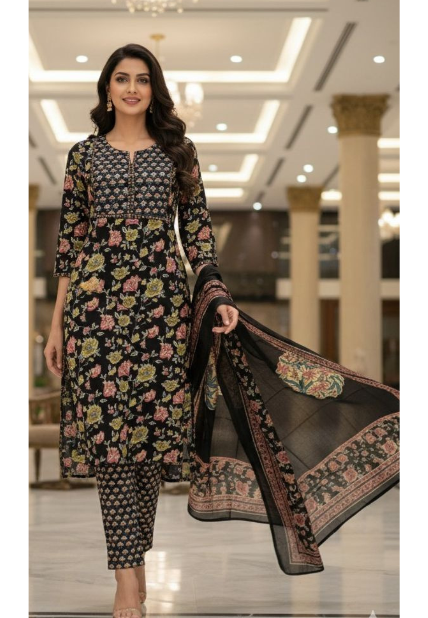 Classic Black Cotton Suit Set with All-Over Floral Prints, Straight Kurta & Beautiful Ethnic Dupatta