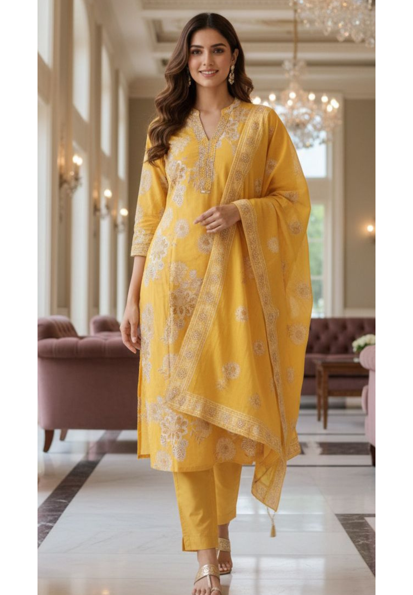 Printed Mustard Cotton Suit Set with Fine Neck Embellishment & Coordinated Bottom