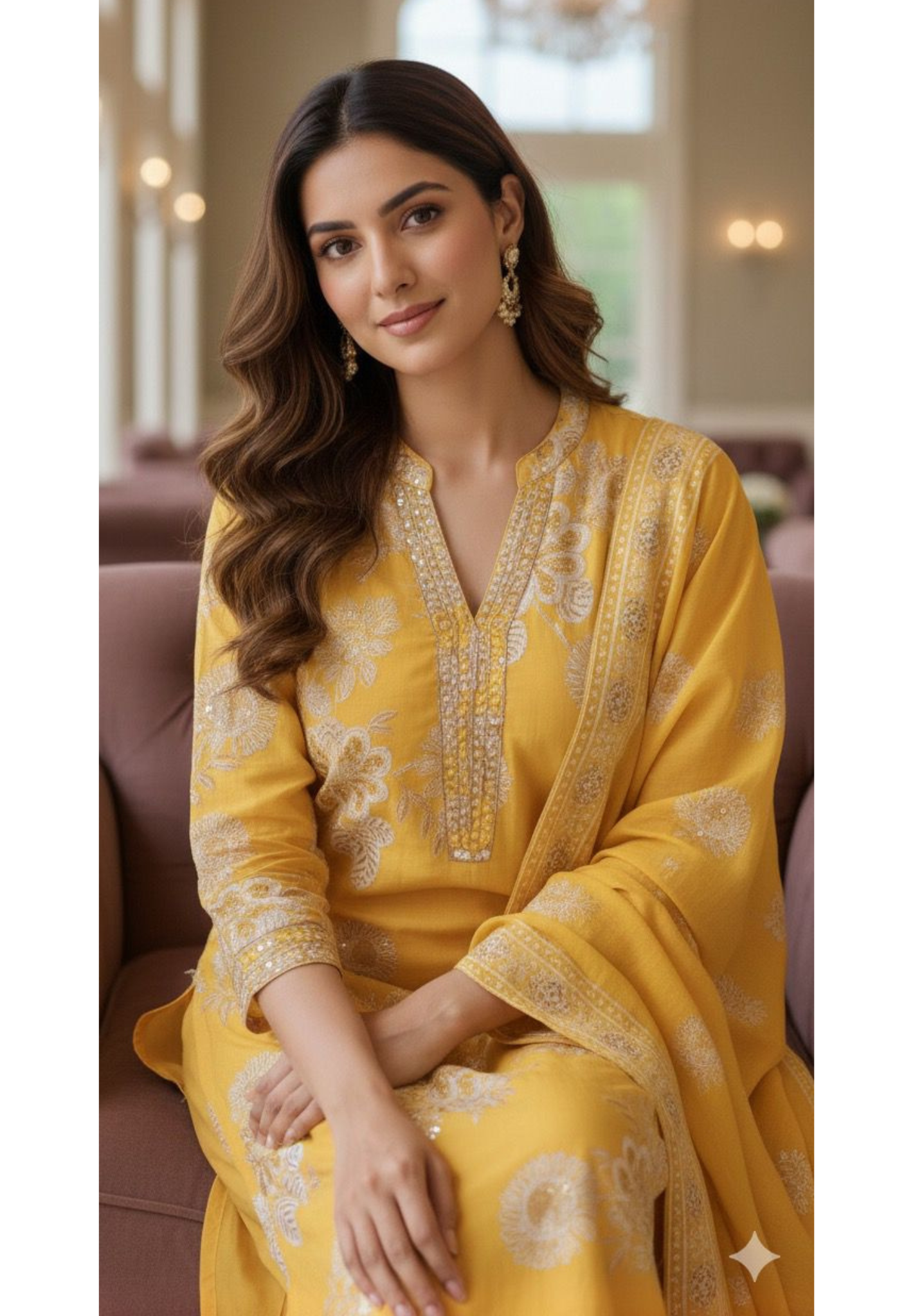 Printed Mustard Cotton Suit Set with Fine Neck Embellishment & Coordinated Bottom