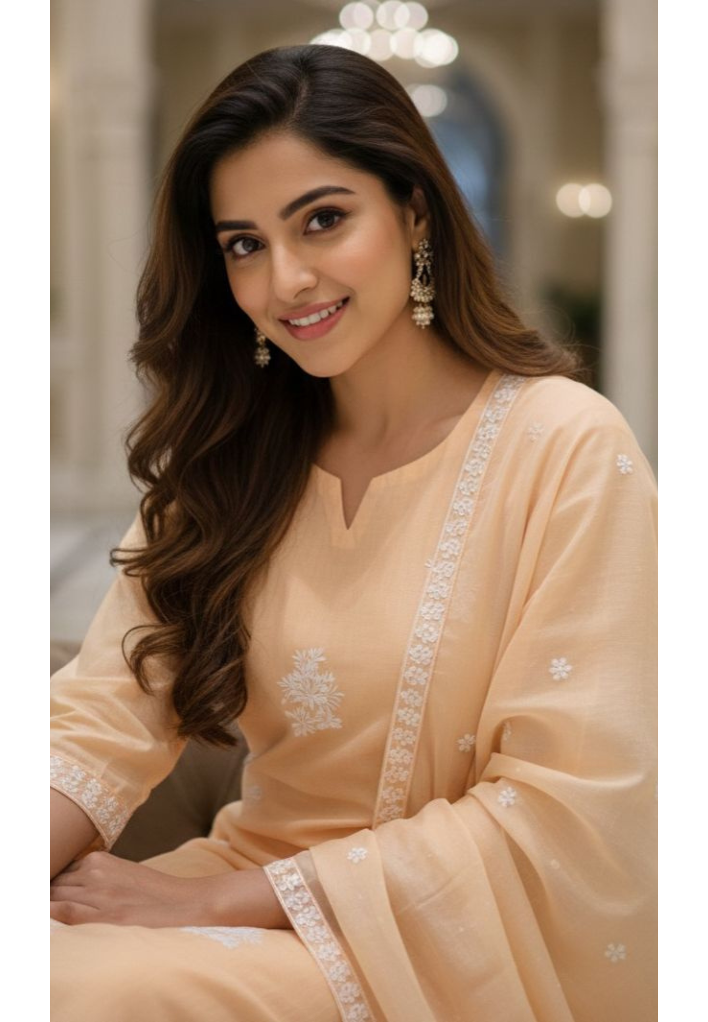 Peach shade Cotton Embroidered Kurta Pant Dupatta Set with Soft Shine & Minimal Motif Detailing