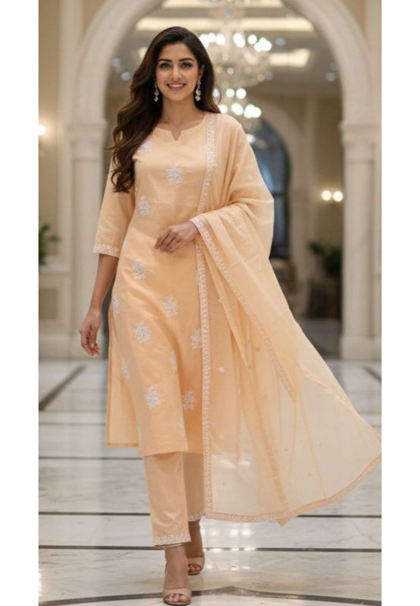 Peach shade Cotton Embroidered Kurta Pant Dupatta Set with Soft Shine & Minimal Motif Detailing