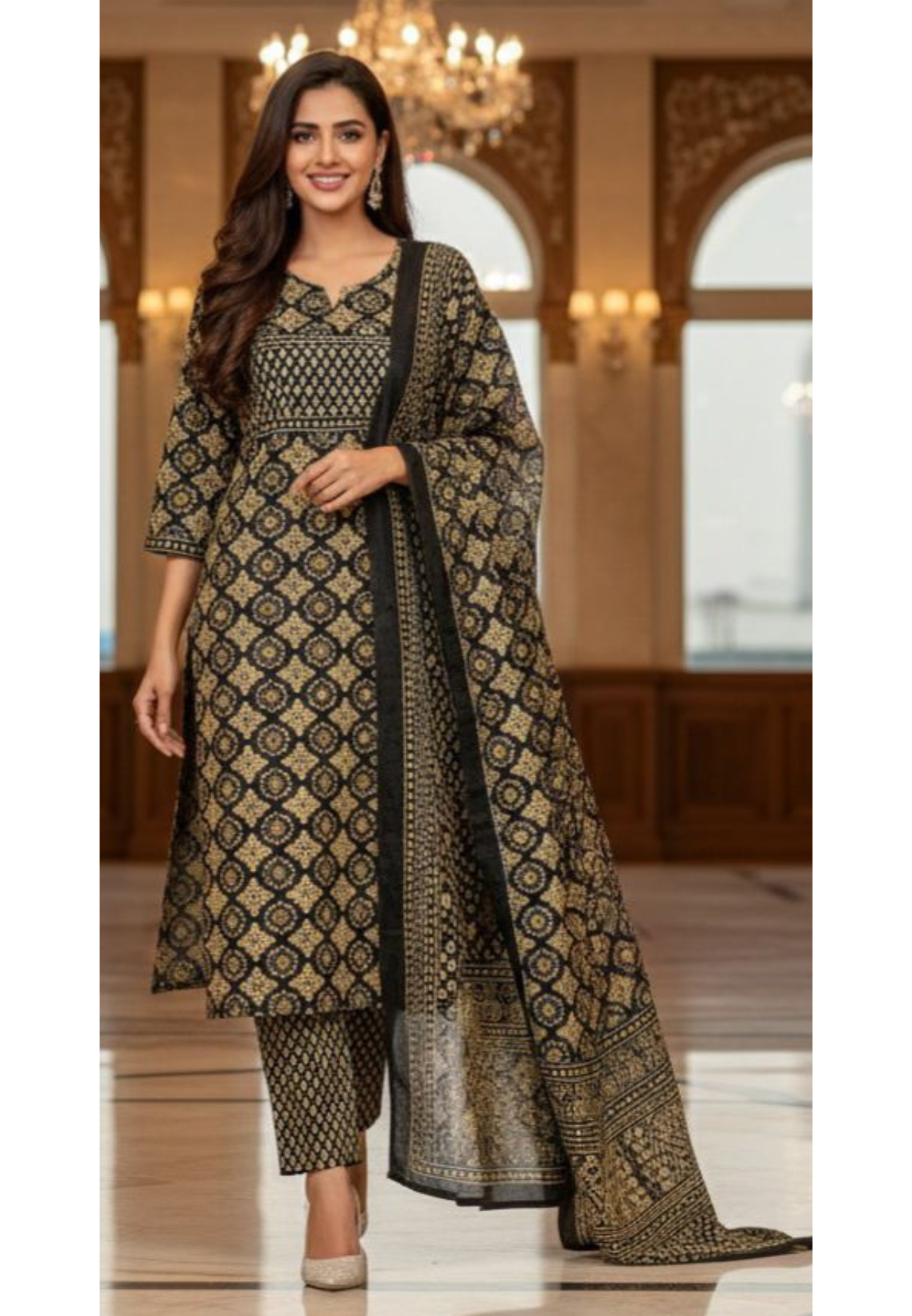 Soft Cotton Black & Gold Printed Suit Set with Traditional Patterns, Straight Kurta & Matching Bottom