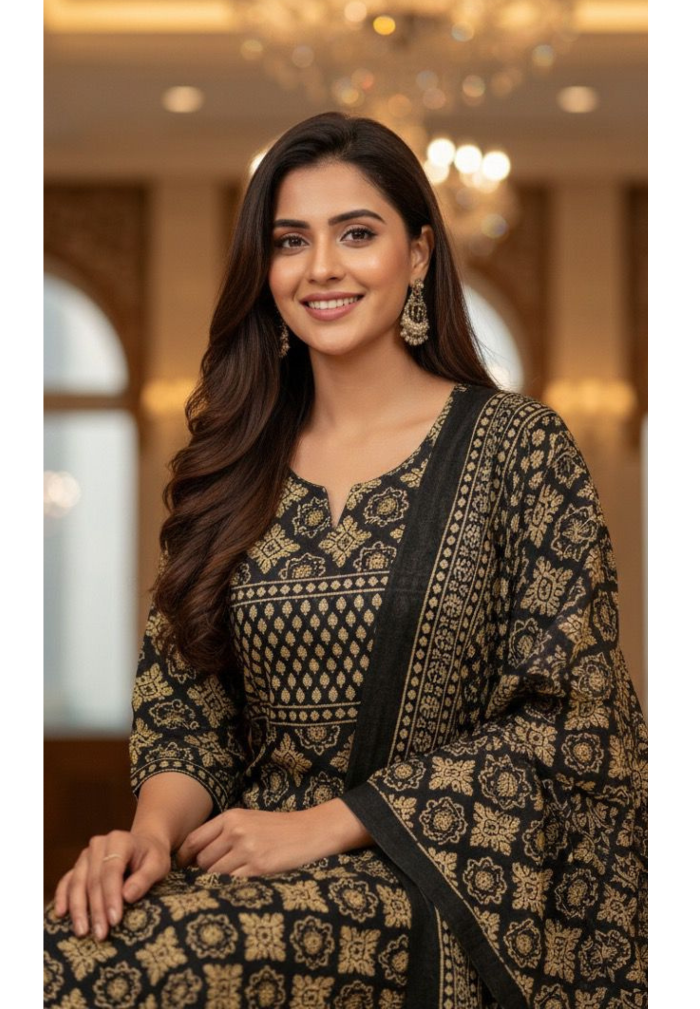 Soft Cotton Black & Gold Printed Suit Set with Traditional Patterns, Straight Kurta & Matching Bottom