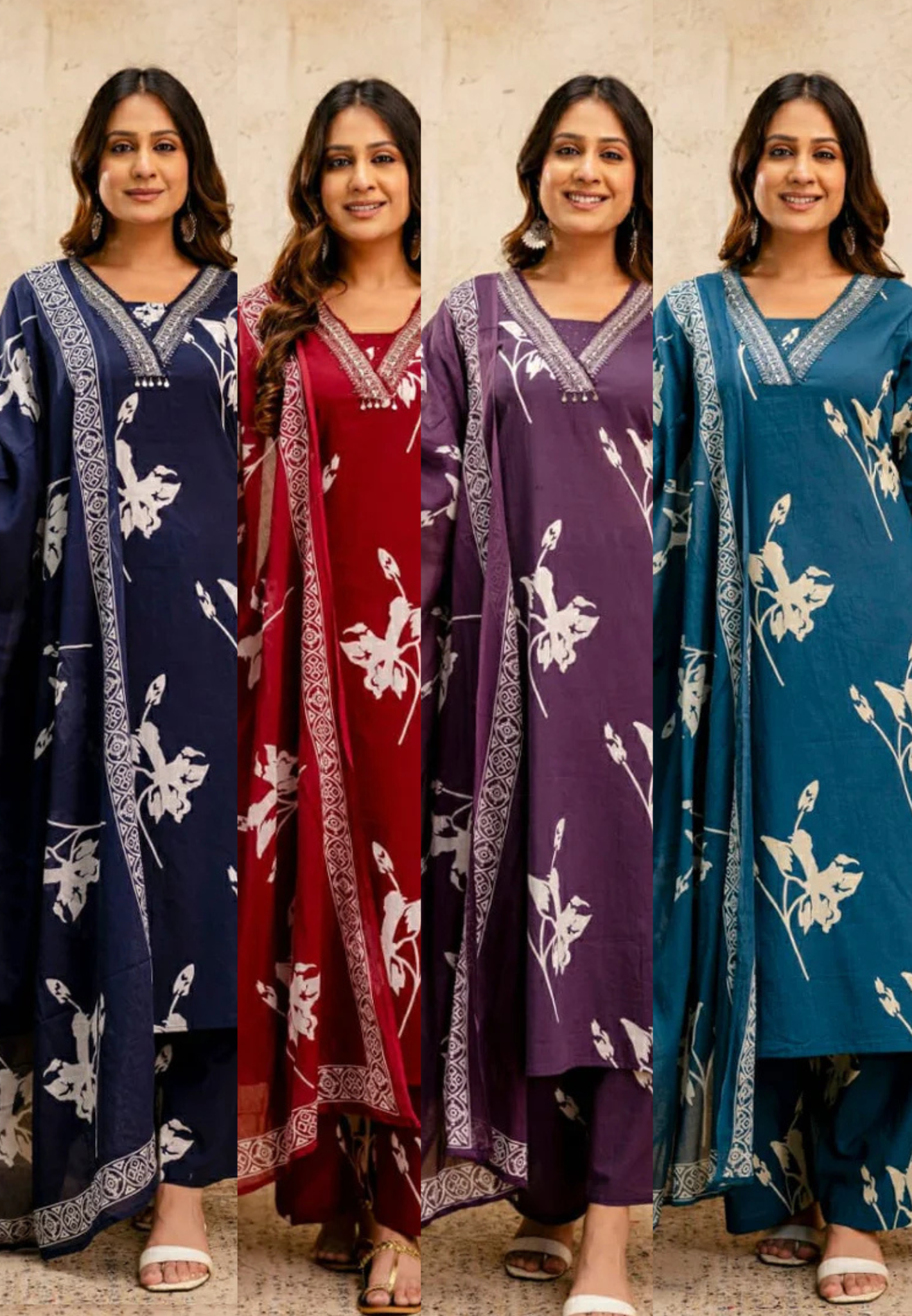 Trendy Botanical Print Three-Piece Suit Set with Elegant Neck Work & Matching Dupatta And Bottom