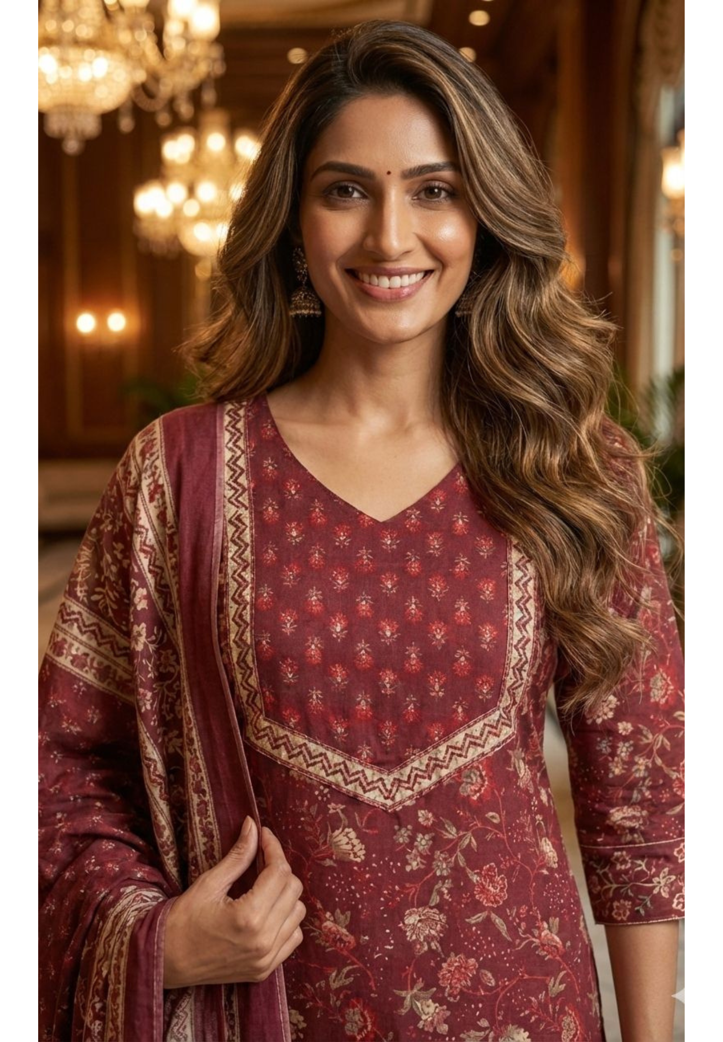 Wine Floral Printed Pure Cotton Kurta Set with Contrast Yoke Detailing & Matching Dupatta