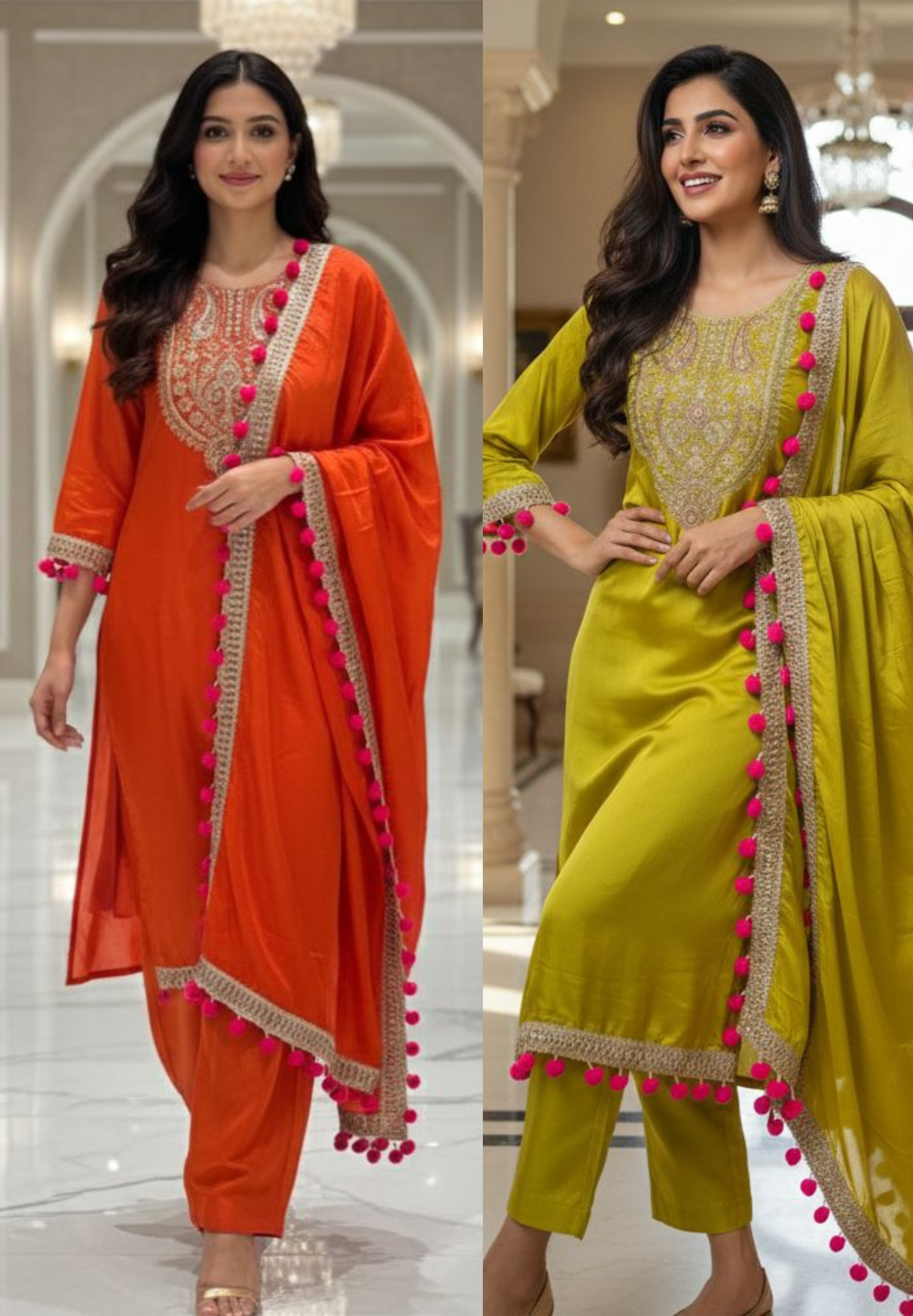Zardosi Work Bright Shade Pom Pom Full Suit Set With Dupatta In Dola Silk Fabric- 12829