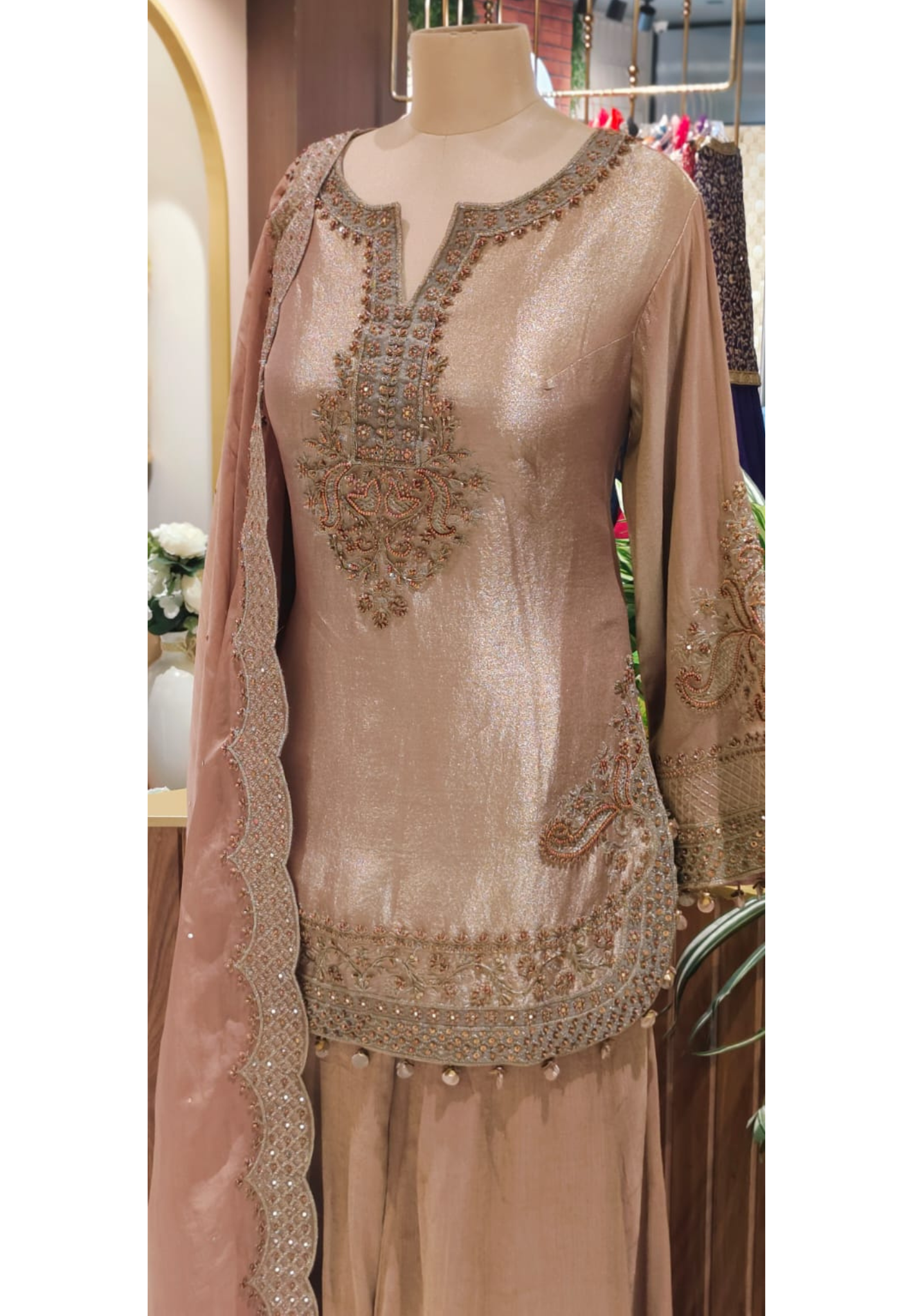 Grand Antique Heer-E-Noor Luxe Golden Beads Beautifully Hand Worked Round Cut Kurta With Sharara Bottom & Dupatta- 12963