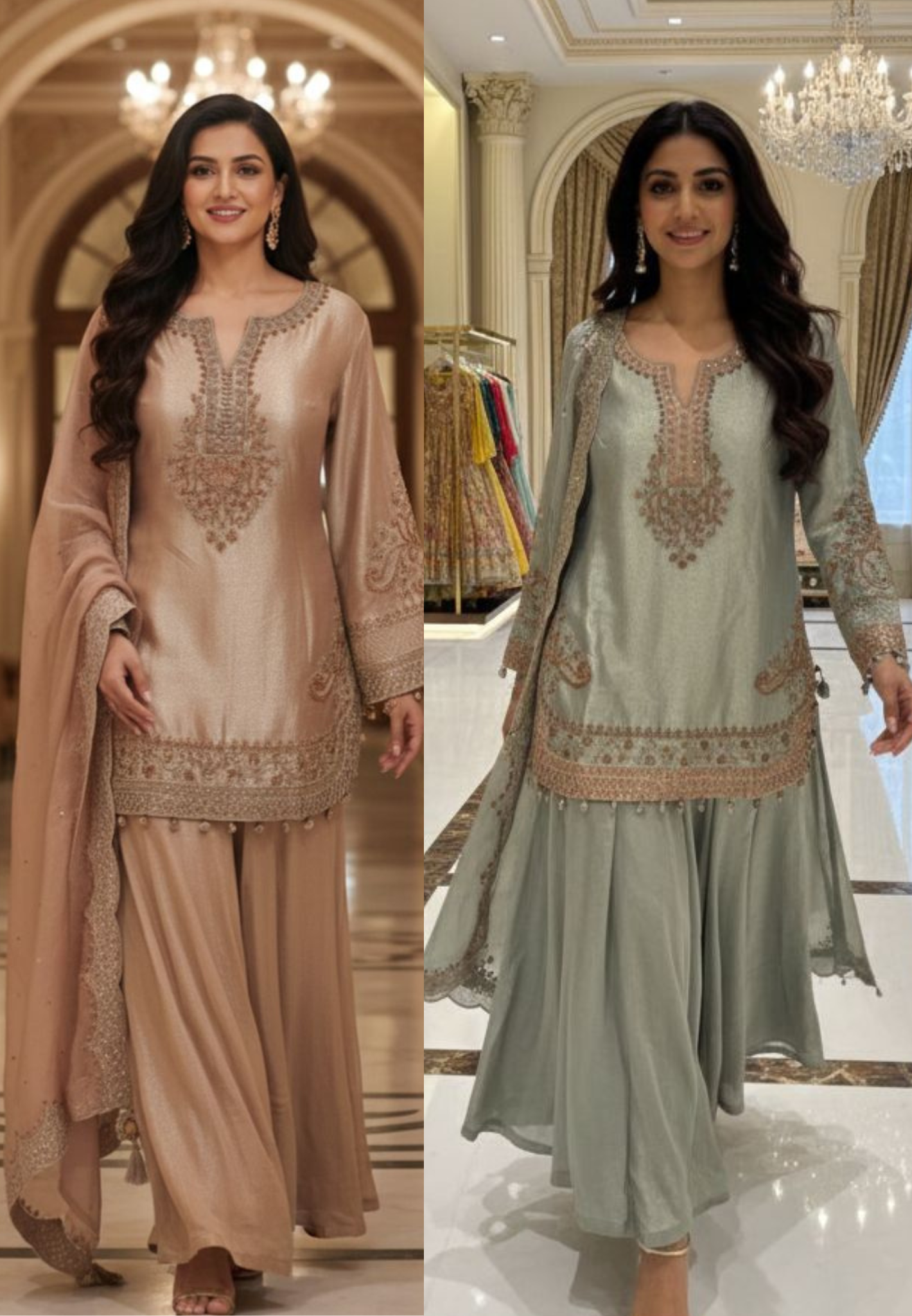 Grand Antique Heer-E-Noor Luxe Golden Beads Beautifully Hand Worked Round Cut Kurta With Sharara Bottom & Dupatta- 12963