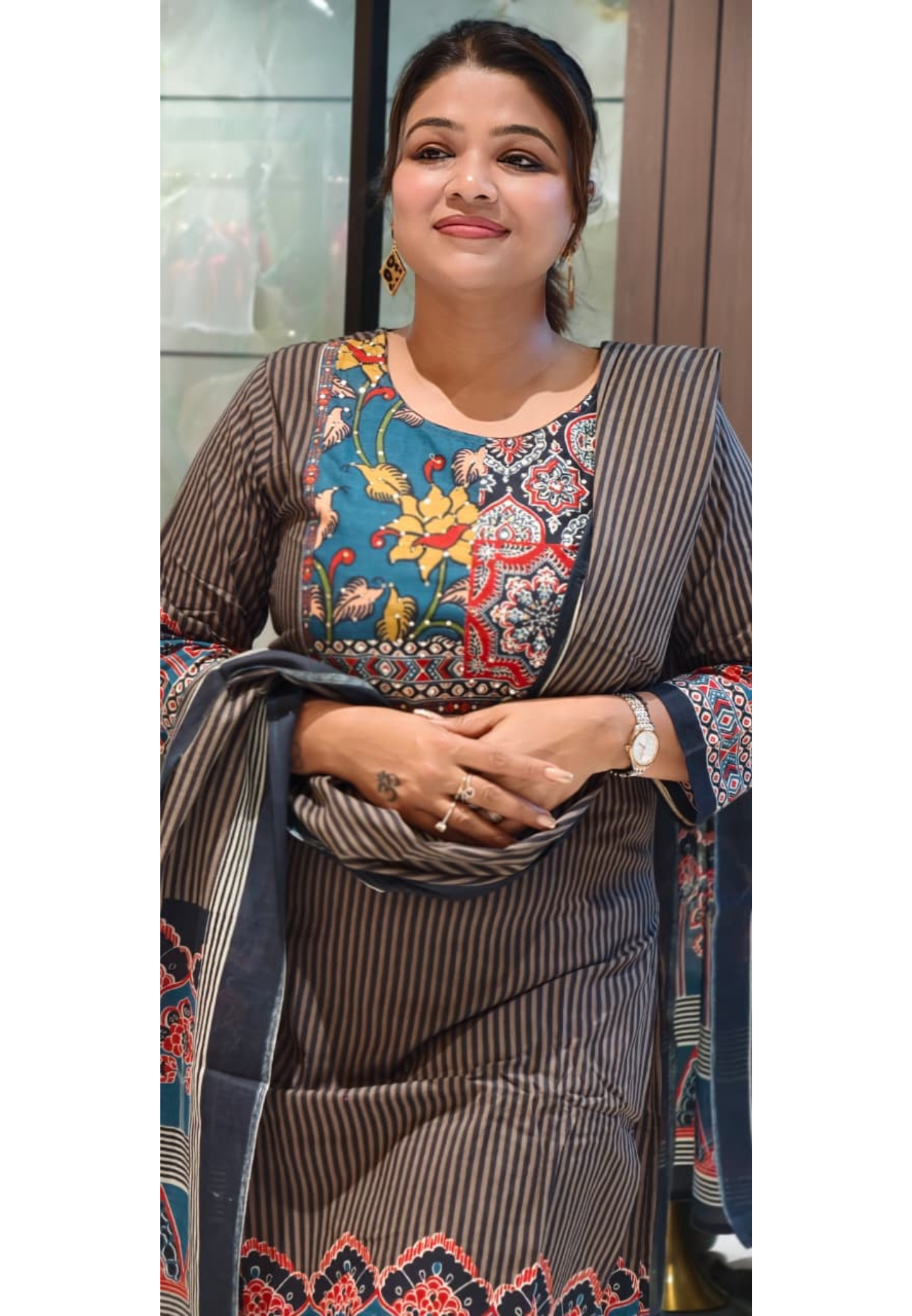 Multicolor Ajrak Print Beautifully Striped Cotton Full Suit Set With Dupatta-12988