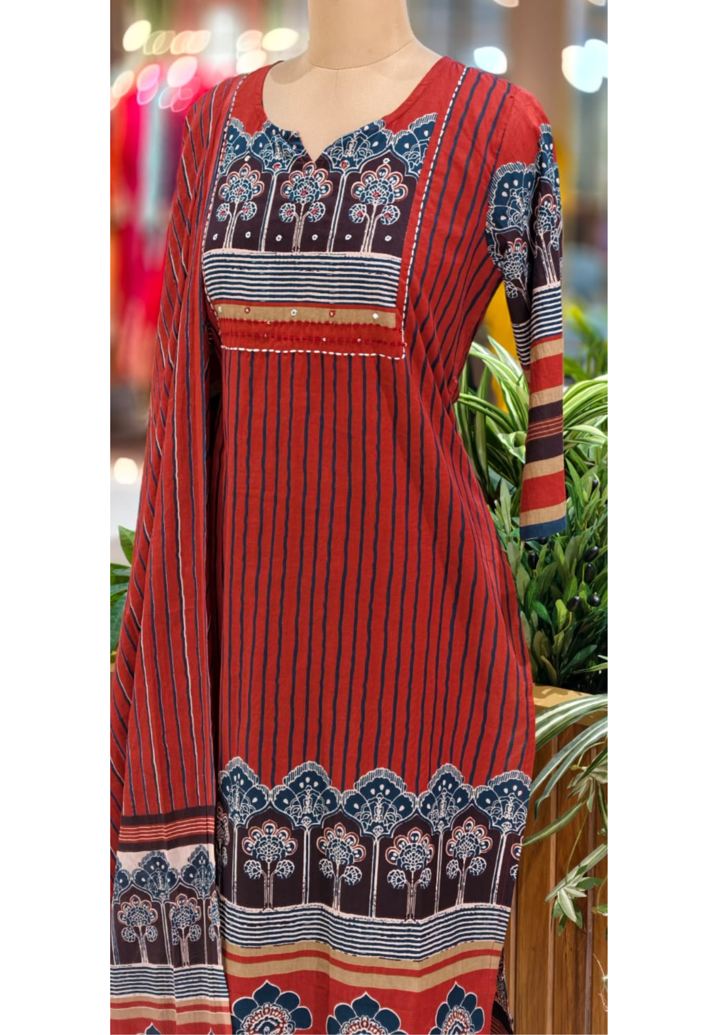 Kalamkari Striped Cotton Full Suit Se With Flowy Dupatta-12988