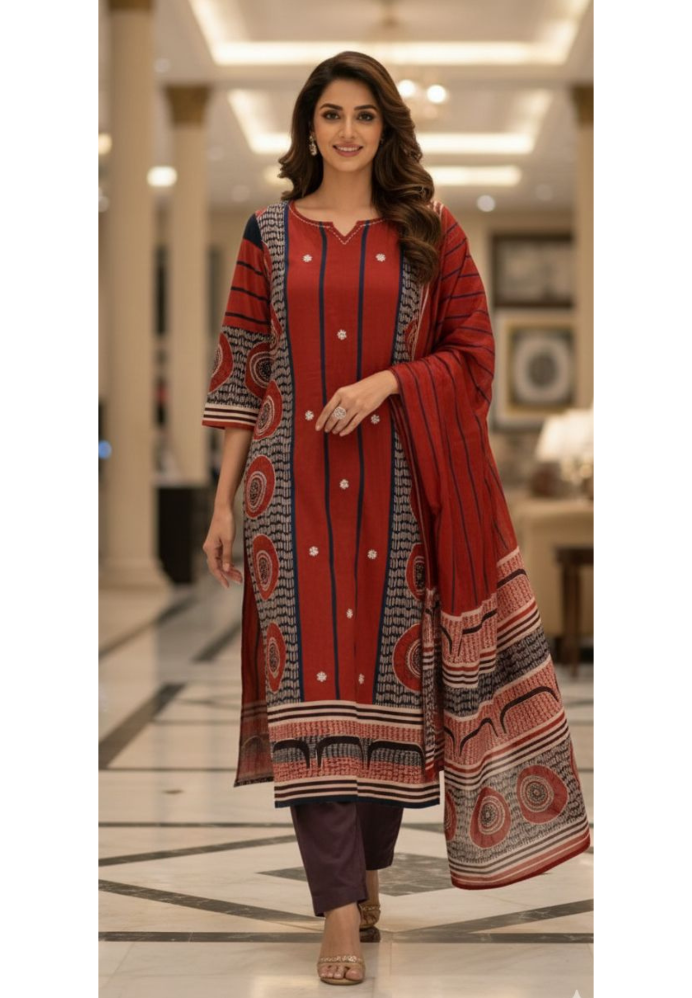 Minimal Striped Round Printed Cotton Full Suit Set With Dupatta