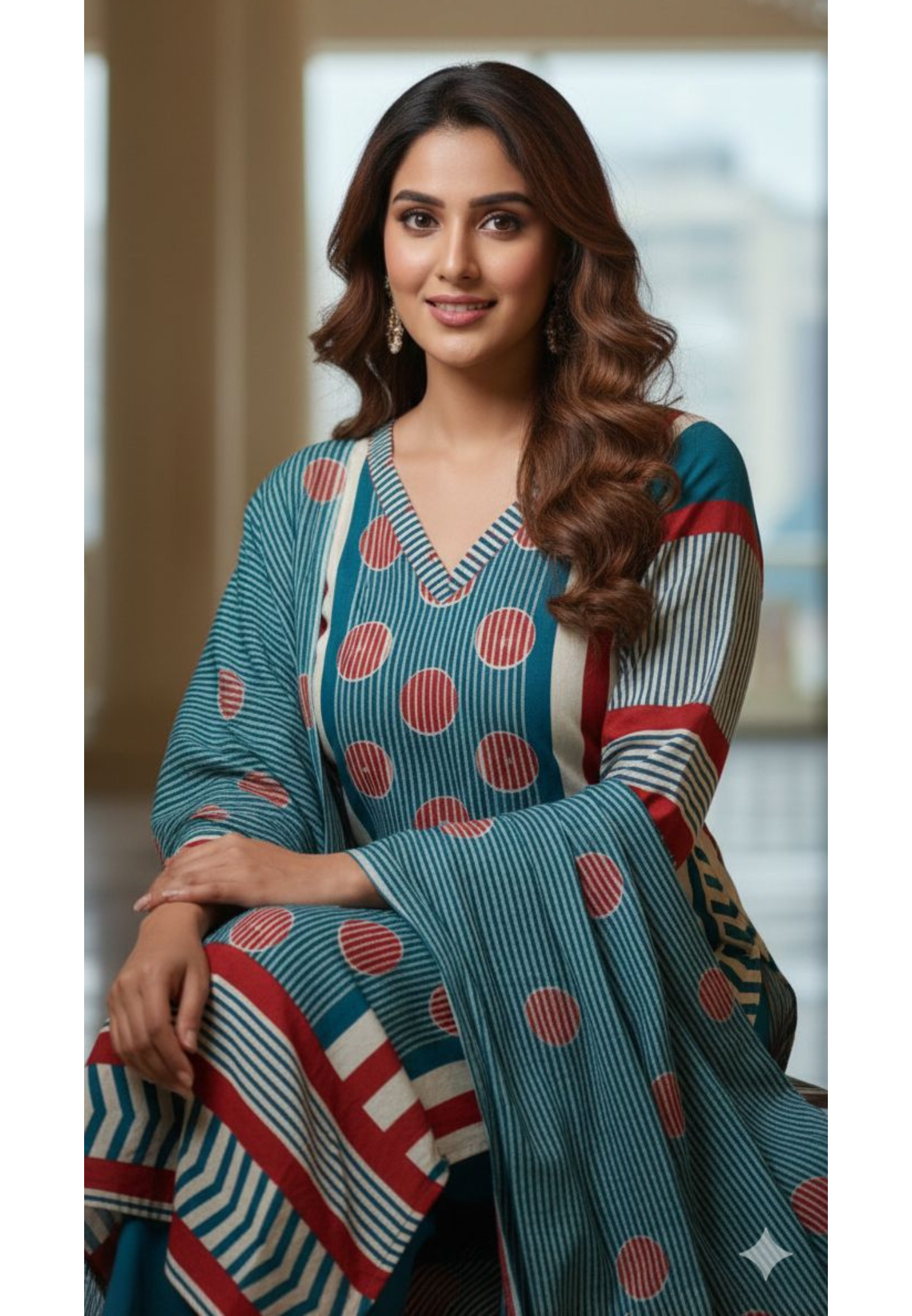 Teal Blue Cotton Printed Kurta Set With Straight Pants & Flowing Dupatta-12988