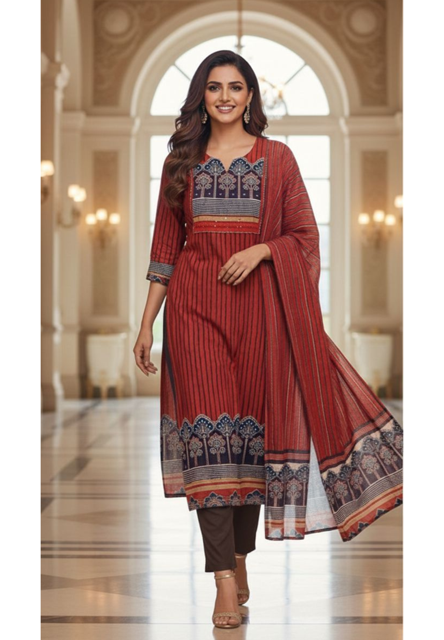 Kalamkari Striped Cotton Full Suit Se With Flowy Dupatta-12988