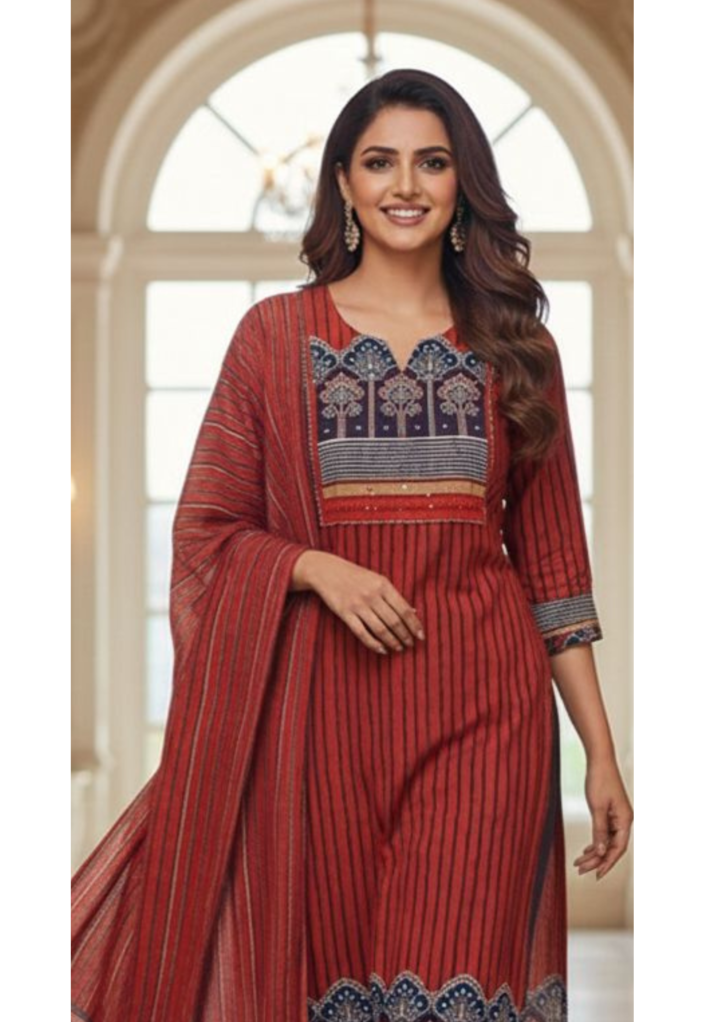 Kalamkari Striped Cotton Full Suit Se With Flowy Dupatta-12988