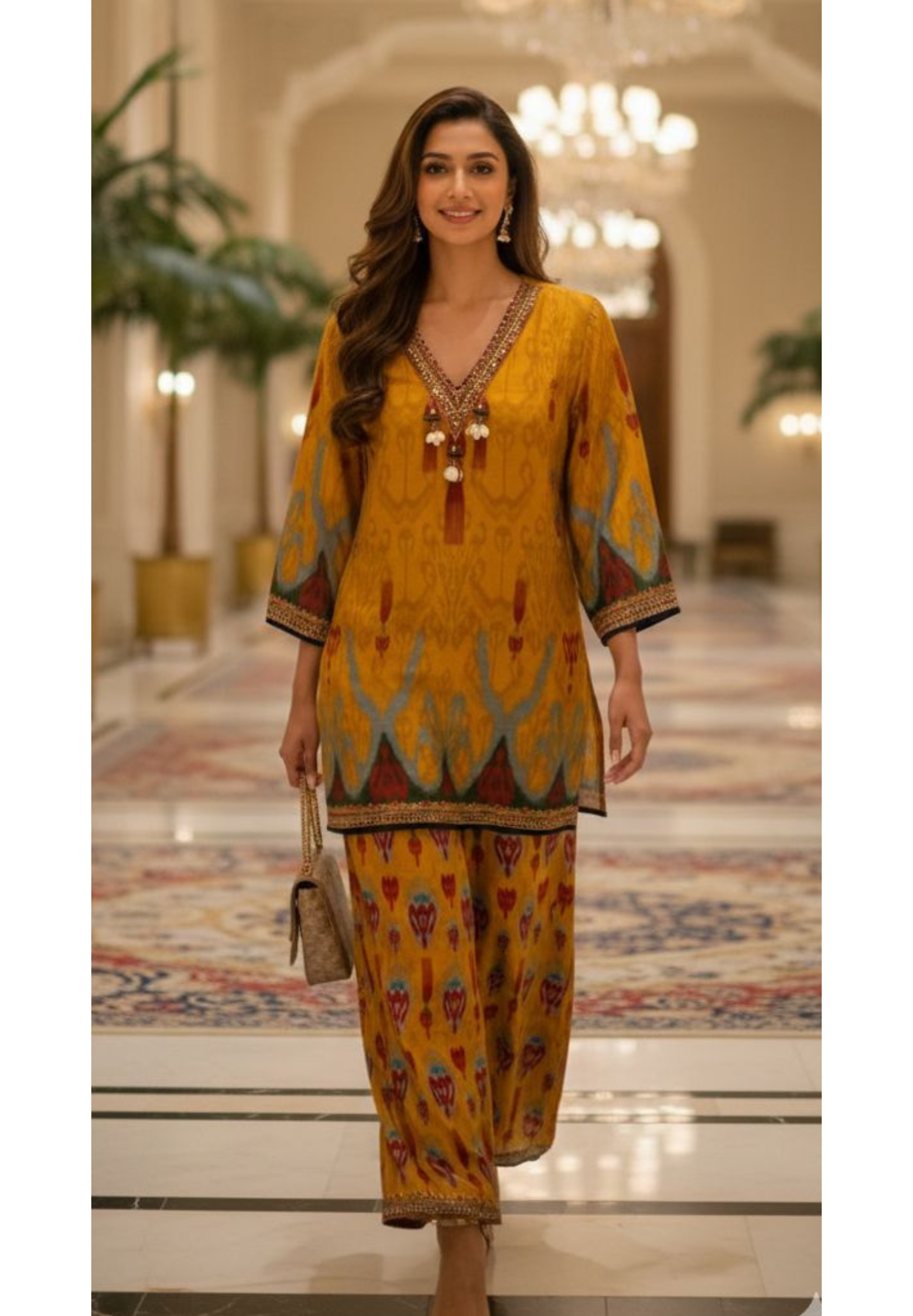 Folk Motif Mustard Ikat-Inspired Kurta Pant Set In Muslin Fabric- 12984