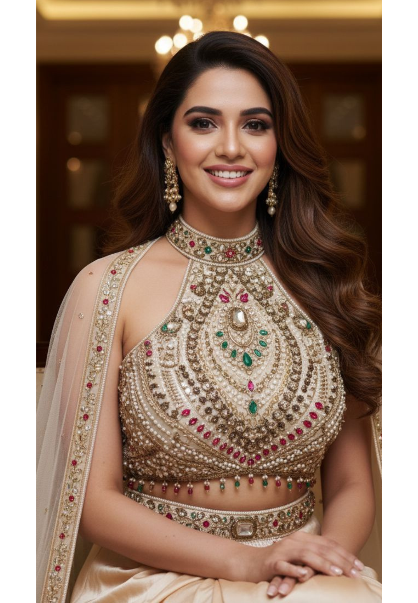 Jewelry Look Colorful Stoned Heavy Hand Work Blouse With Drape Skirt & Dupatta- 13020 (Dispatching After 45 Days On Orders)