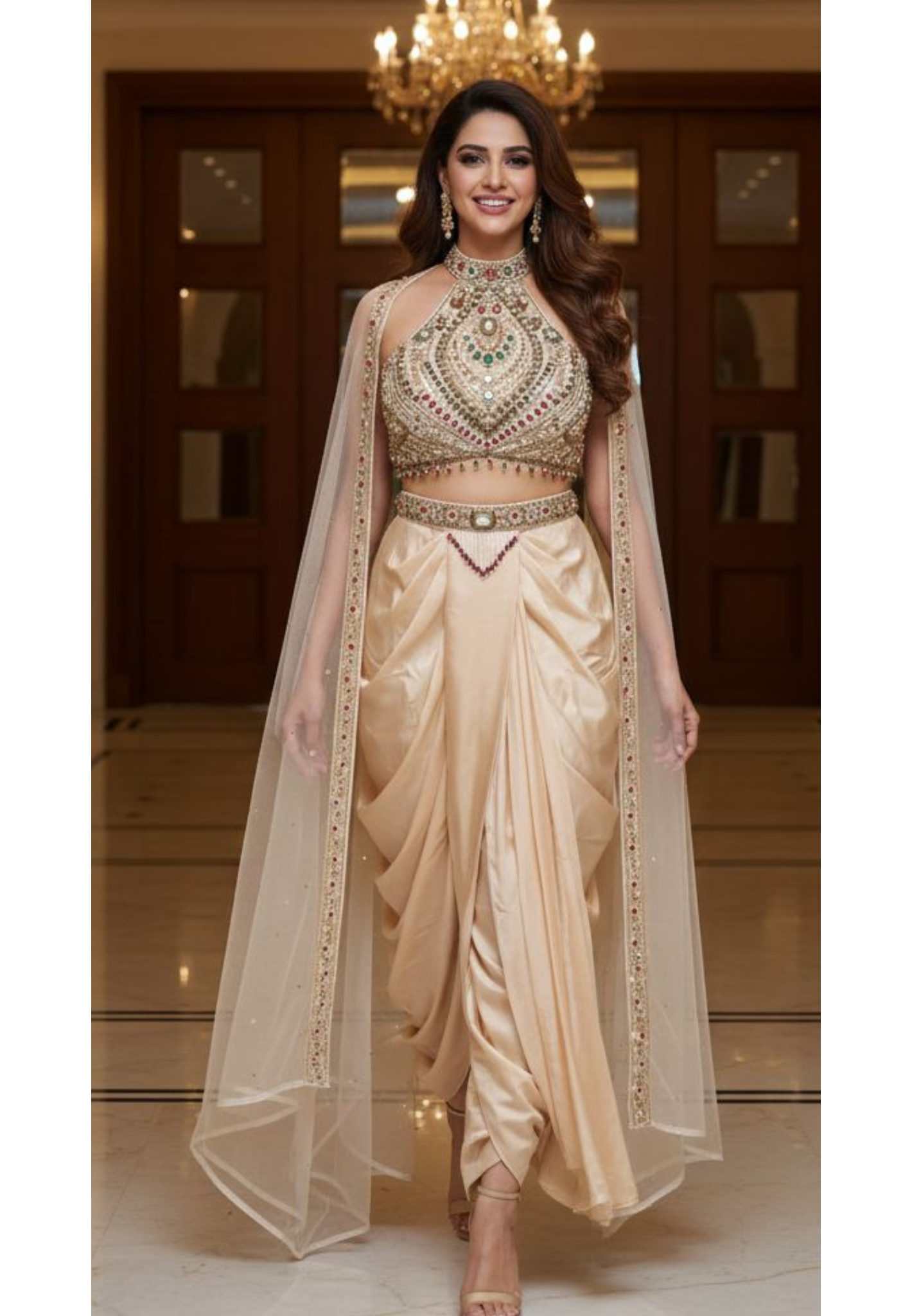 Jewelry Look Colorful Stoned Heavy Hand Work Blouse With Drape Skirt & Dupatta- 13020 (Dispatching After 45 Days On Orders)