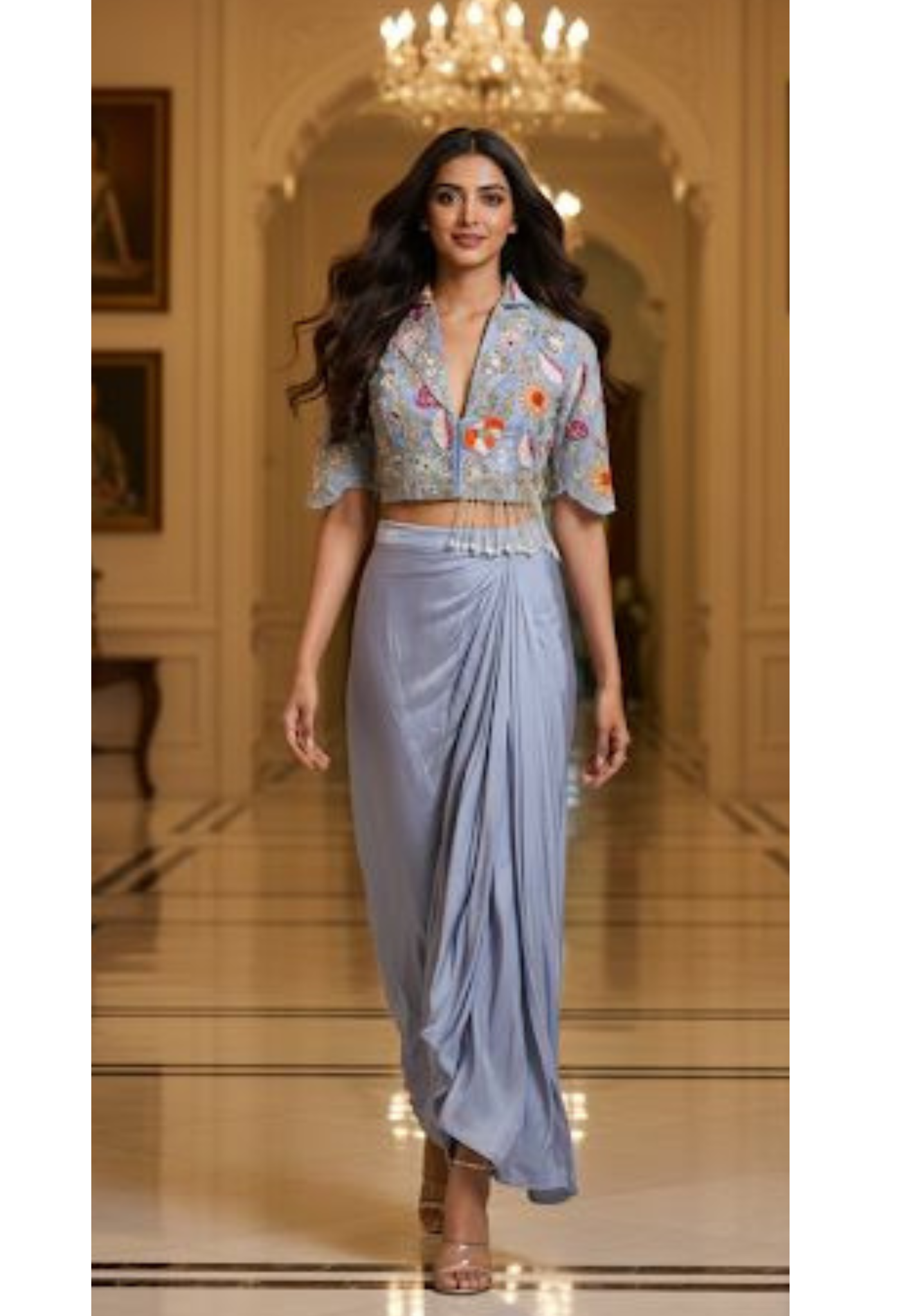 Designer Embroidered Crop Top With Crepe Drape Skirt DRYWASH (Dispatching After 45 Days On Orders)