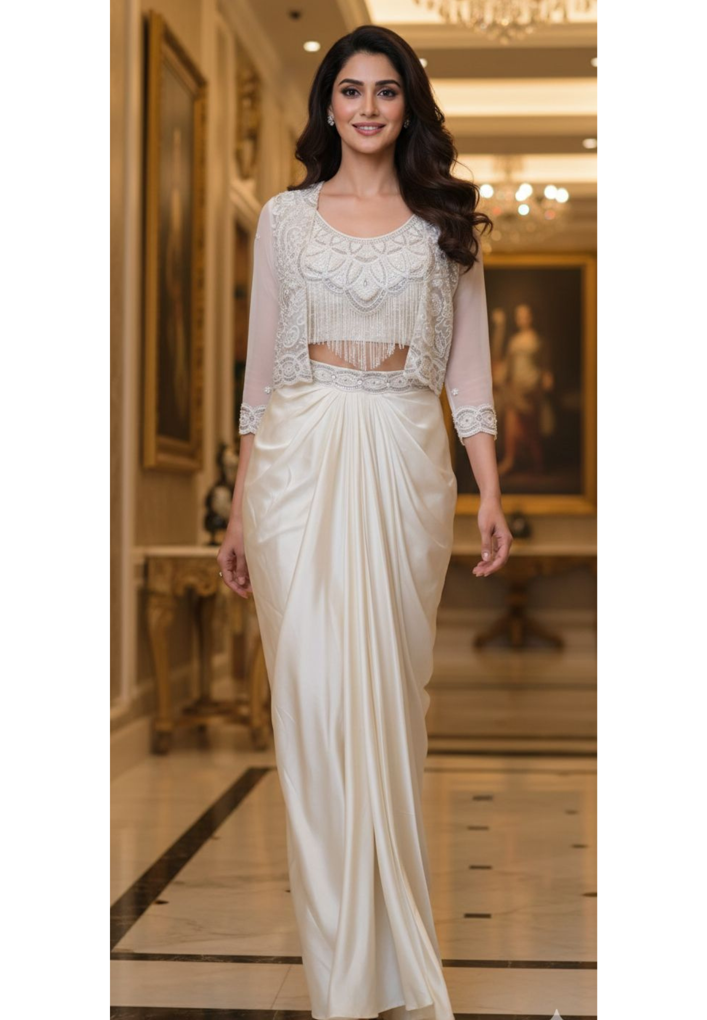 Luxury Party Wear Set Elegant White Embroidered Top and Soft Satin Drape Skirt Combo DRYWASH (Dispatching After 45 Days On Orders)