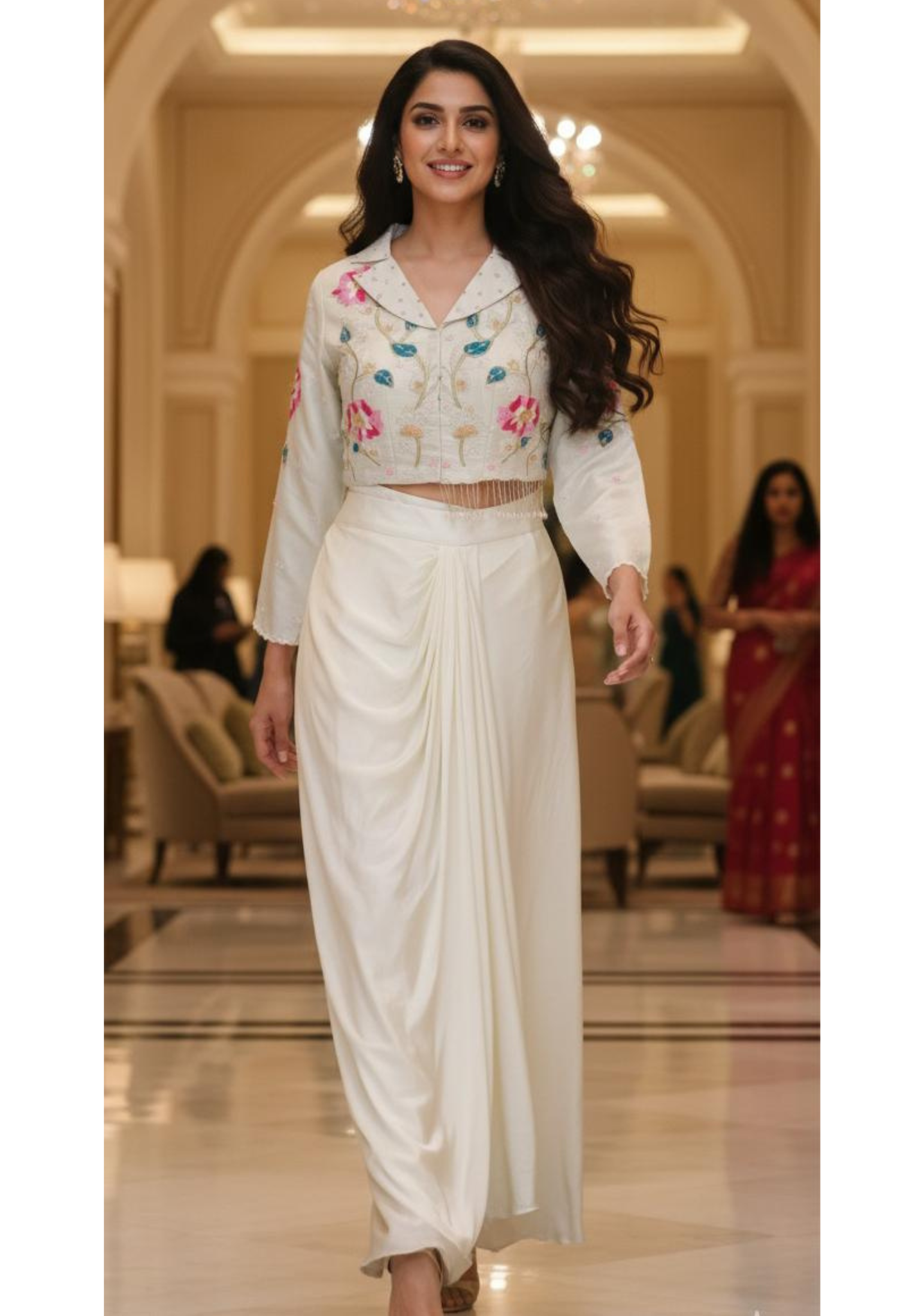 Very Elegant Cut-dana Floral Work Tassled Collared Tissue Crop Top With Drape Skirt- 12363 (Dispatching After 45 Days On Orders)