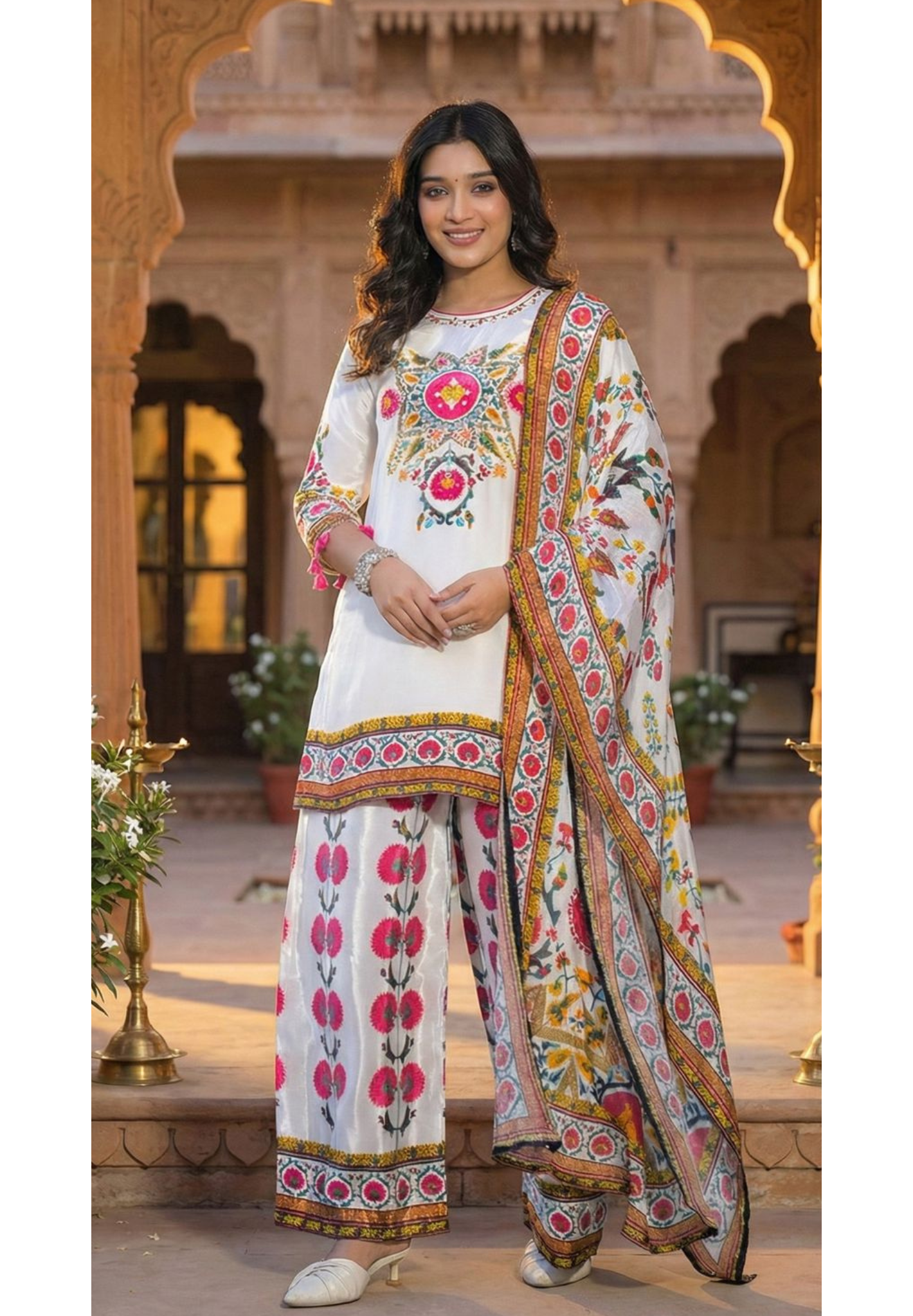 Vibrant Colors Printed Tasseled Full Suit Set With Dupatta In Crepe Fabric-13010