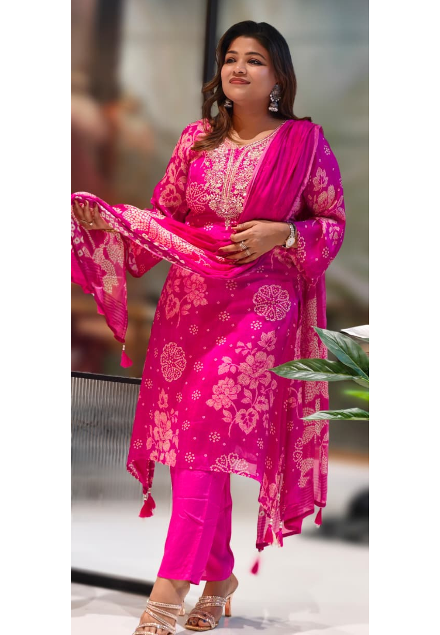 Beautiful Heavy Neck Work Floral Printed A-Line Full Suit Set With Dupatta In Chinon Fabric- 12961