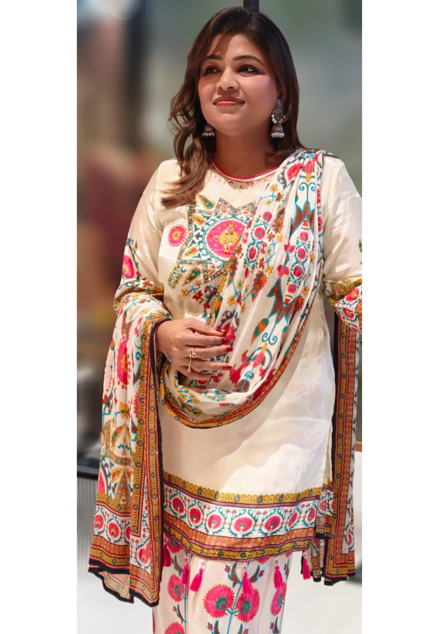 Vibrant Colors Printed Tasseled Full Suit Set With Dupatta In Crepe Fabric-13010