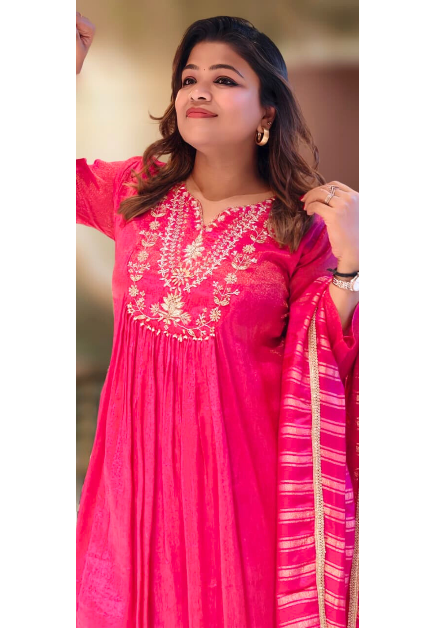 Vibrant Gulabi Blush Crush Look A-Line Full Suit Set With Dupatta In Tissue Fabric-12996