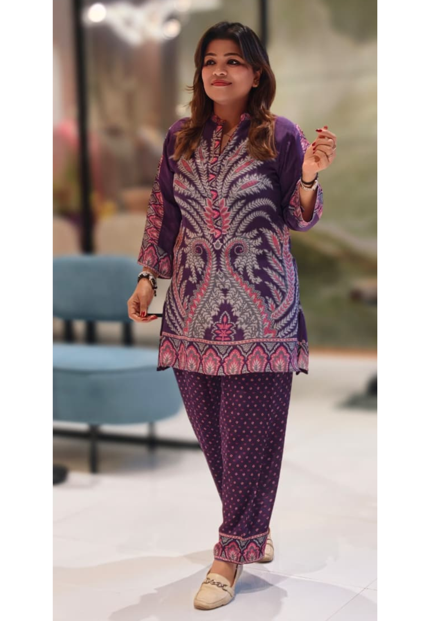 Multi Prints Folk Art Mandarin Collar Kurta Pant Set In Crepe Fabric- 12952