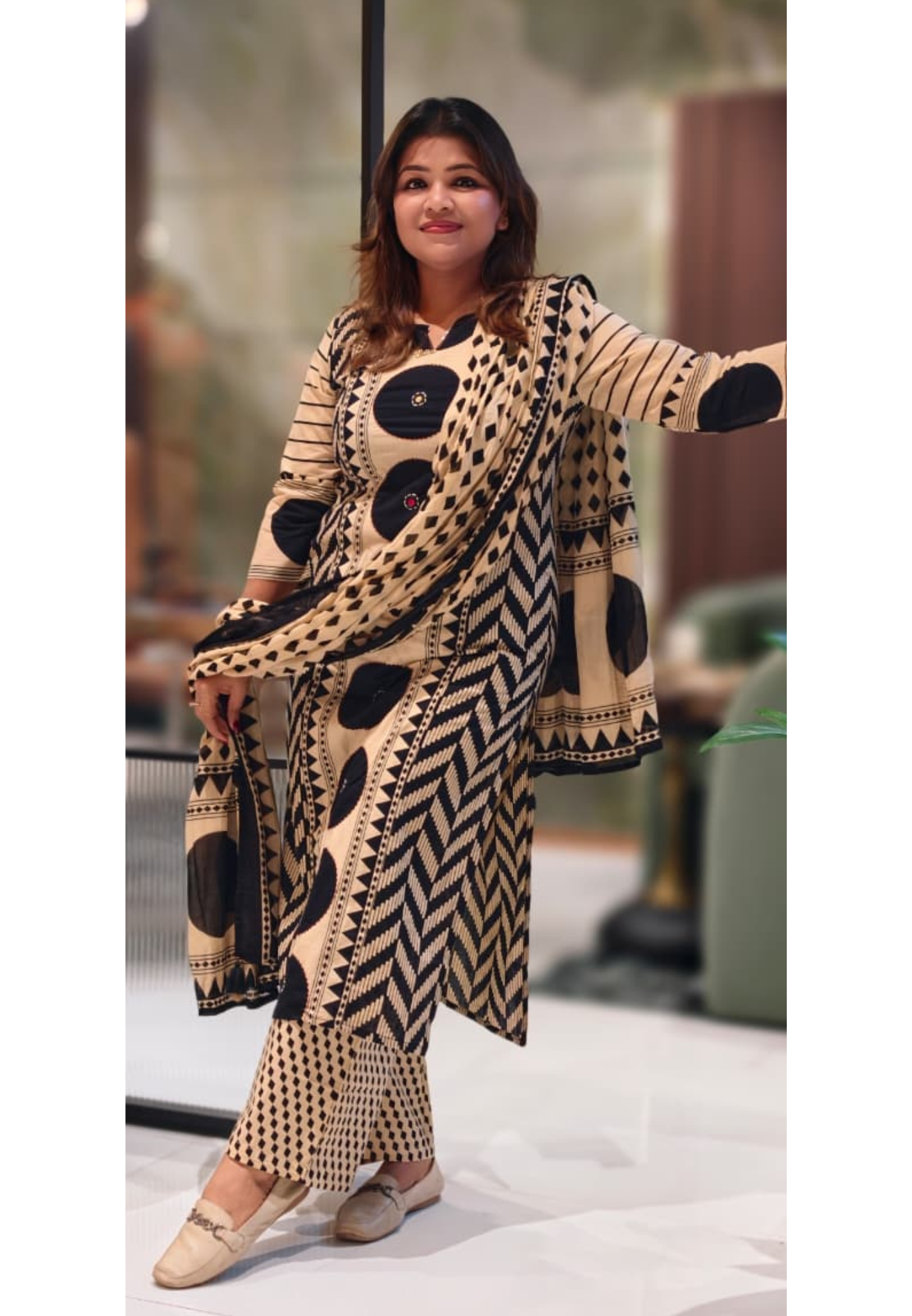 Asymmetric Print Dual Color Cotton Full Suit Set With Dupatta-13042