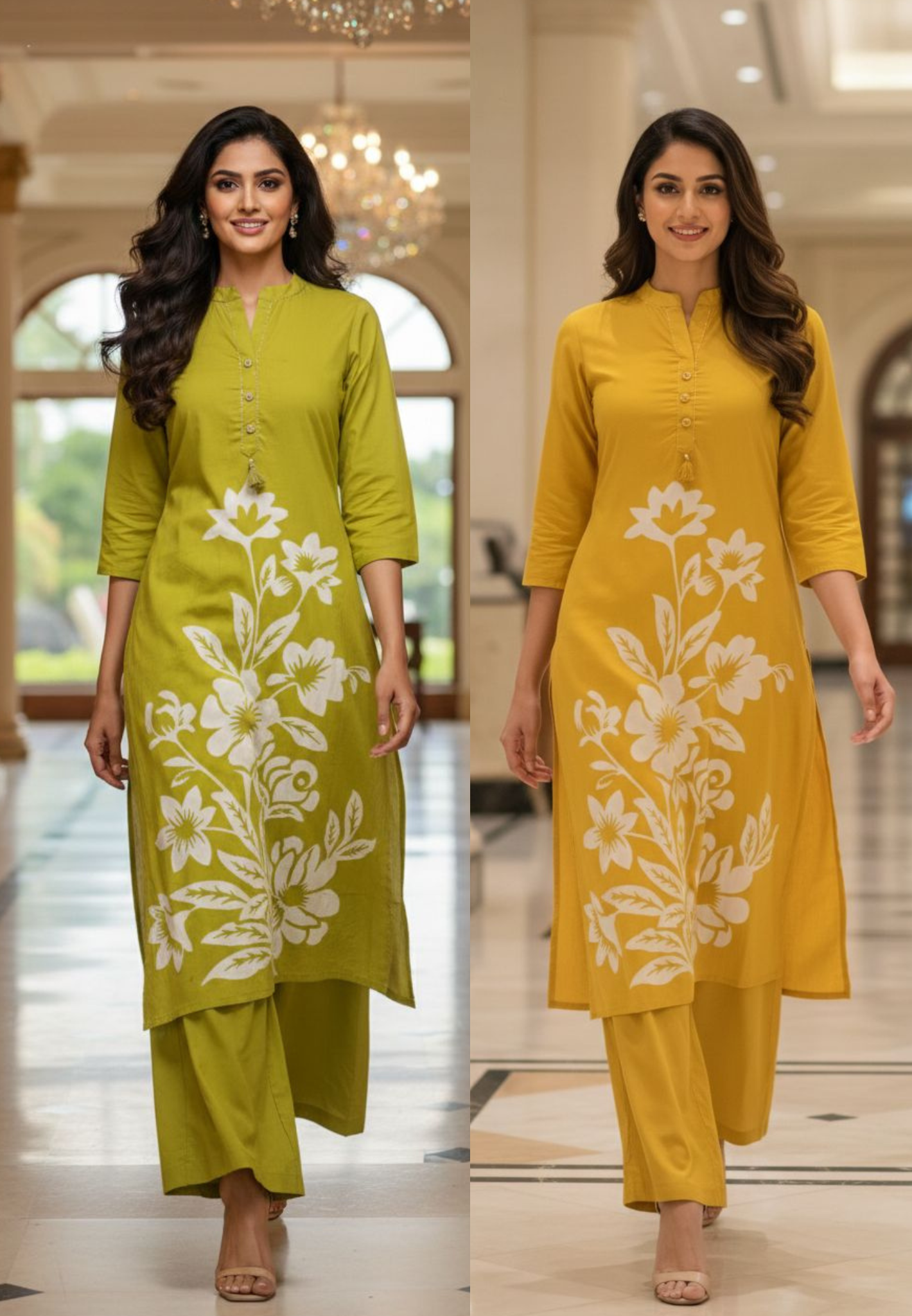 Buttoned & Thread Minimal Neck Line Printed Kurta Pant Set In Cotton Fabric- 13008