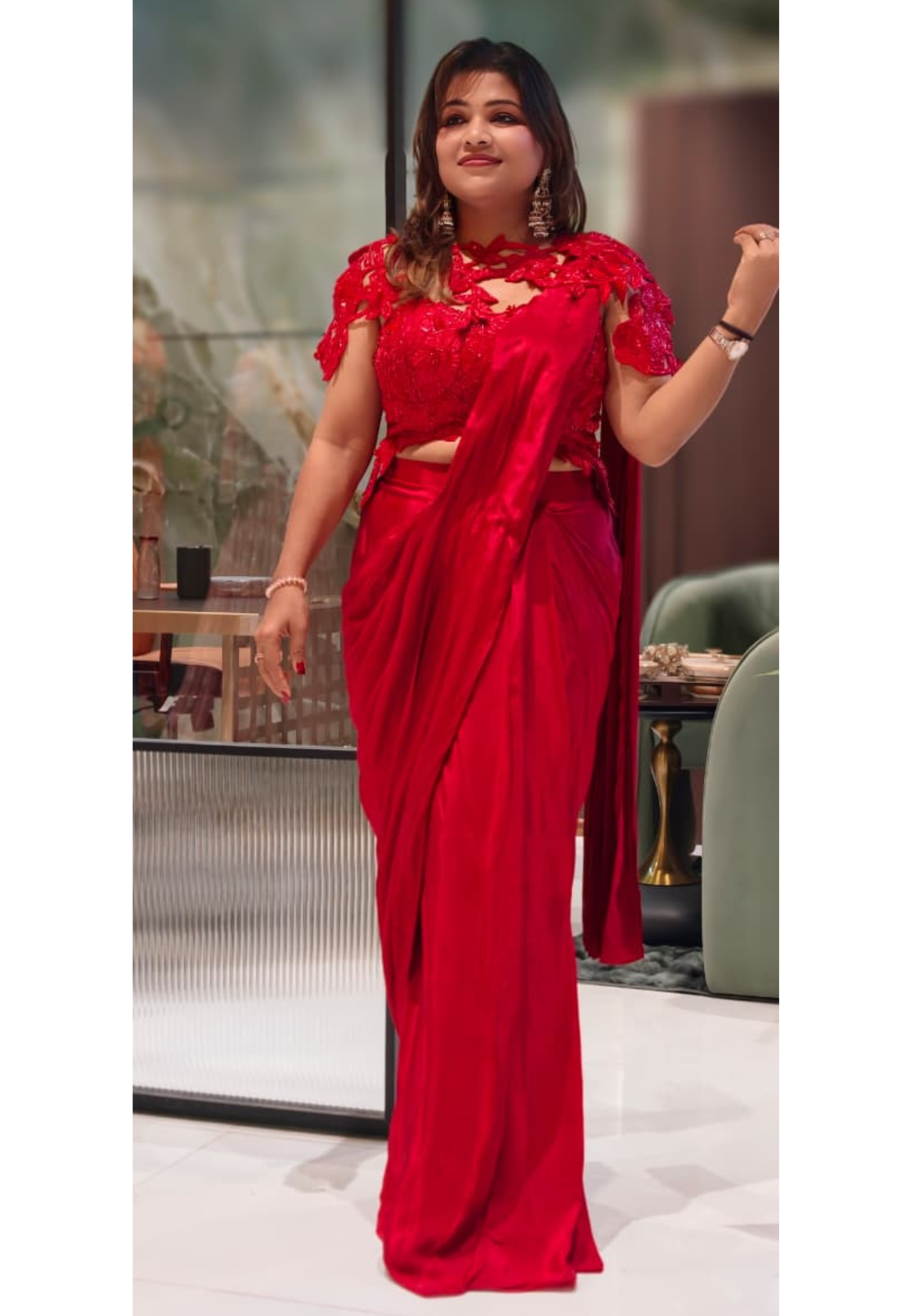 Luxurious Cut-Dana Embellished Leafy Cut-Work Blouse With Drape Saree- 13038