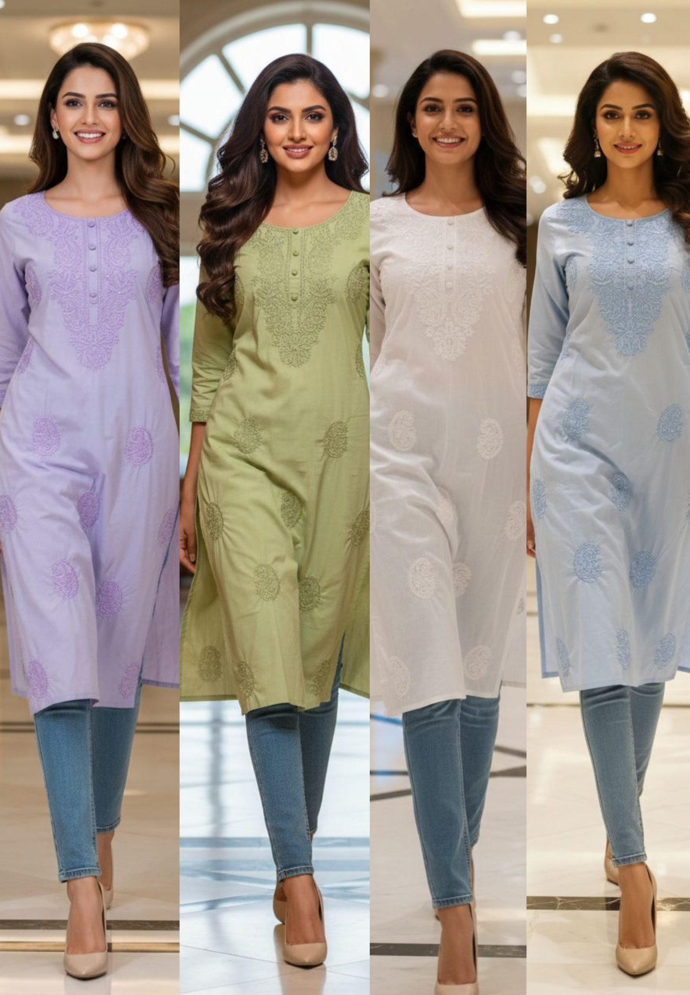 Chikankari Pastel Shade Buttoned Cotton Kurti Only- 13060