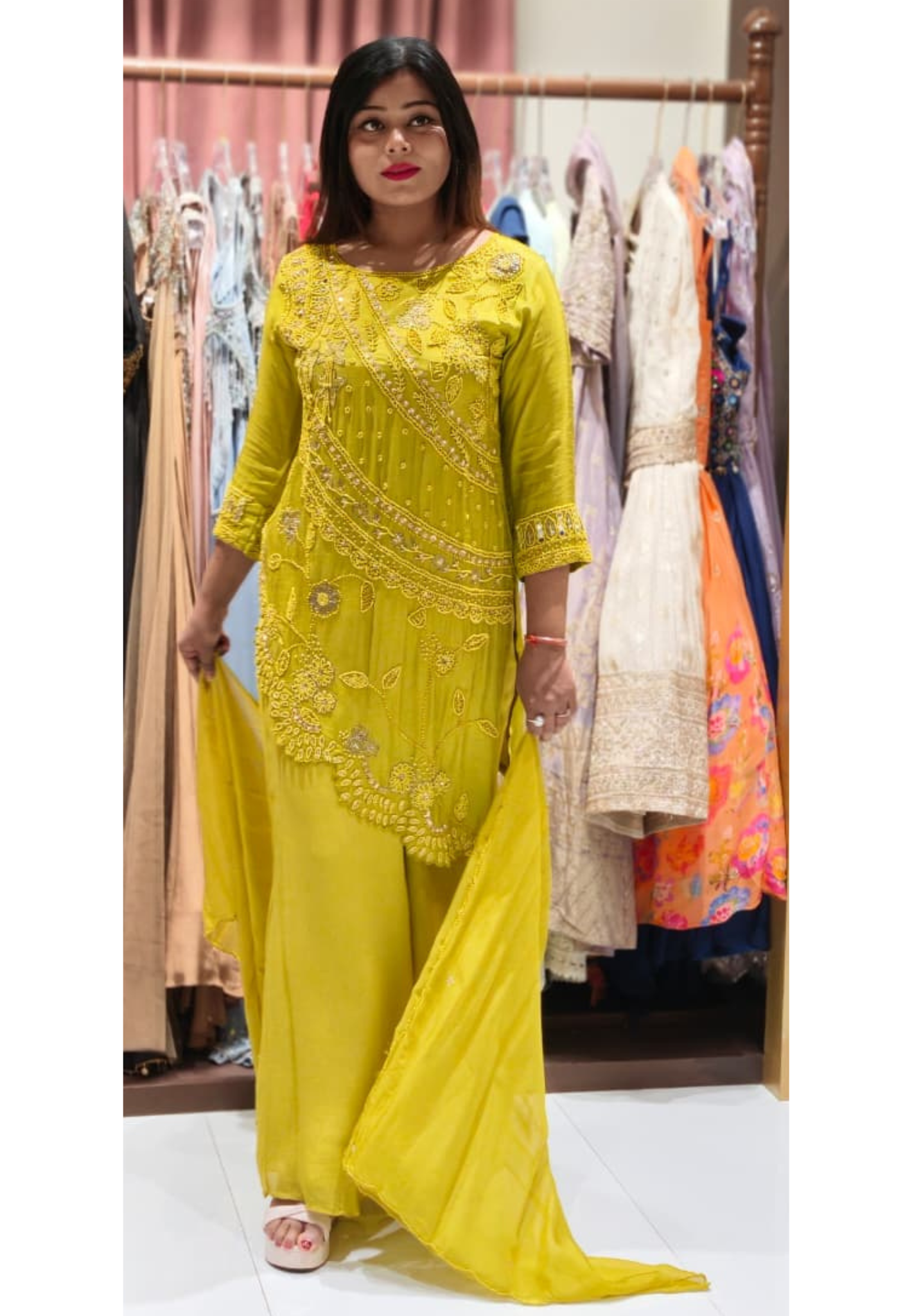 Fully Tiny Pearl Floral Work Unique Vibrant Full Suit Set With Palazzo Bottom In Tissue Fabric- 12709