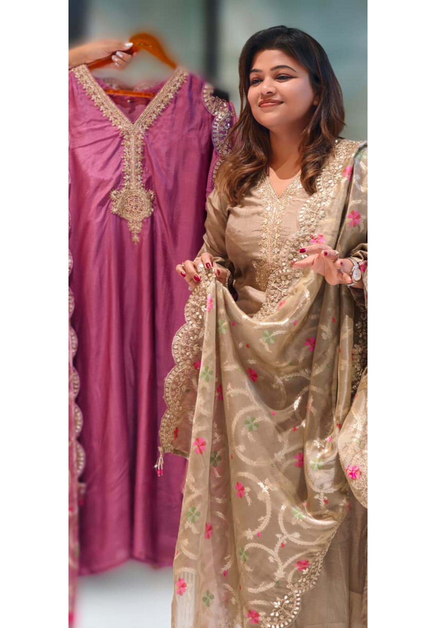 Kundan Look Golden Zardosi Work Cut-Work Grand Floral Dupatta Tissue Full Suit Set- 13050