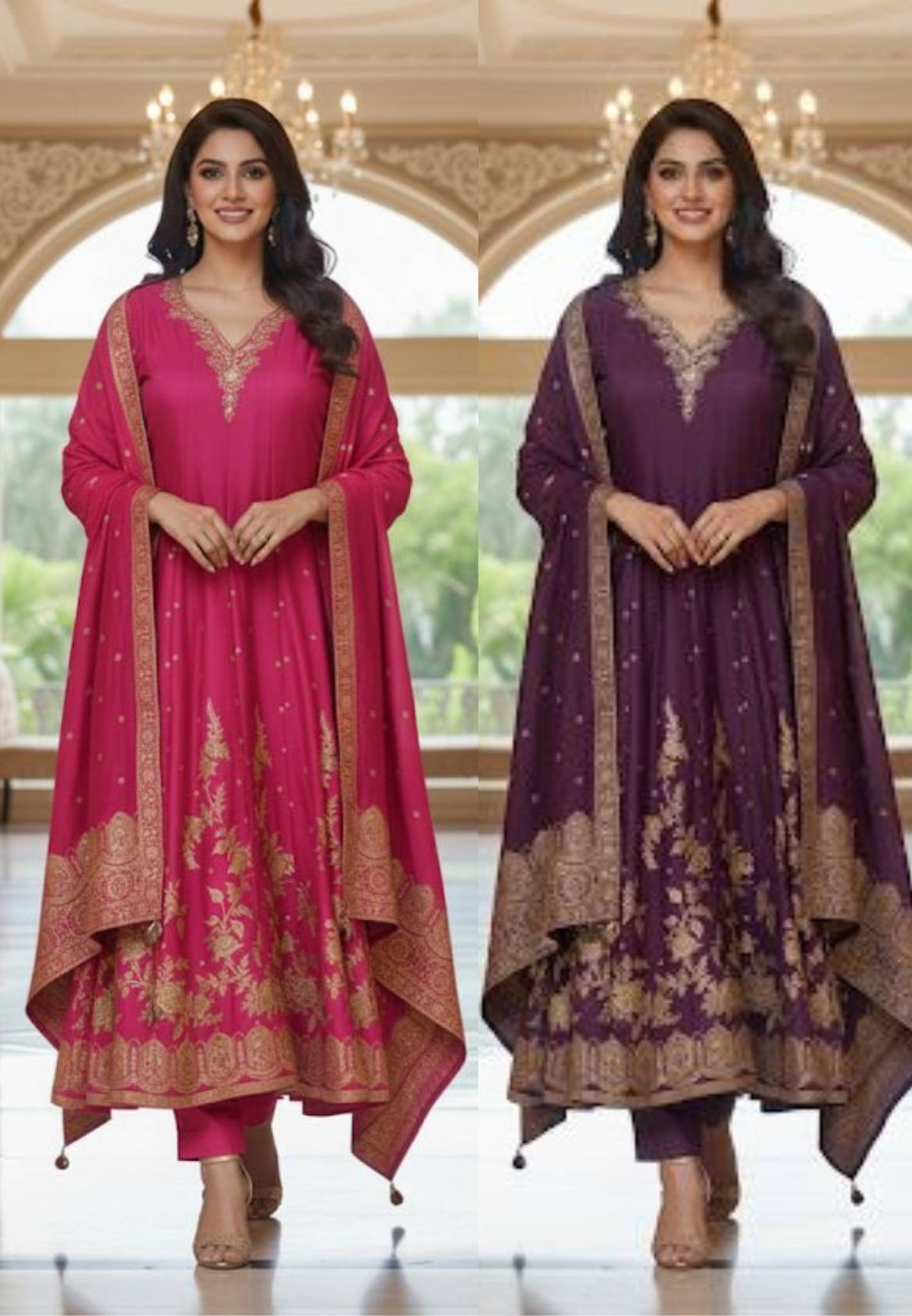 Beautiful Neck Line Scattered Print Brocade Panel Anarkali Full Suit Set With Dupatta In Silk Fabric- 12697