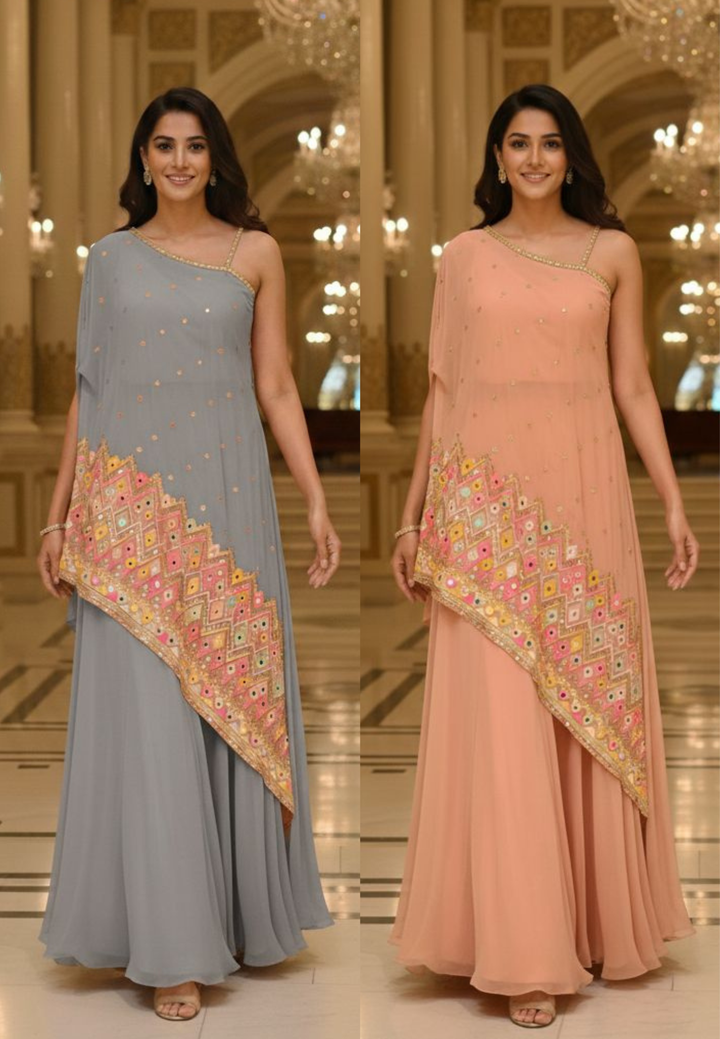Asymmetrical Mirror Bloom Ethnic Designer Suit With Loose Palazzo Bottom In Georgette Fabric- 13072