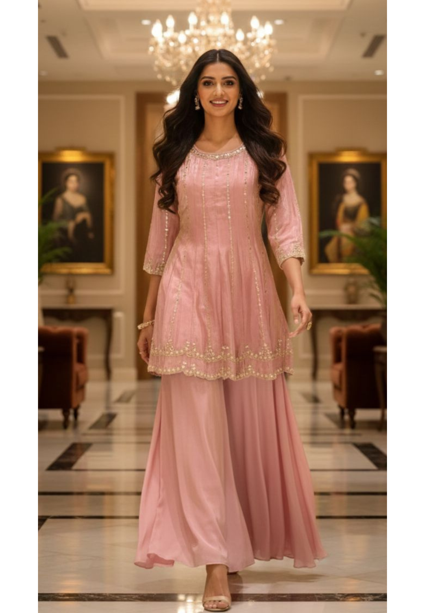 Peplum Style Real Mirror With Thread Upwork Elegant Tissue Panel Short Length Kurta With Palazzo Bottom Set- 13069