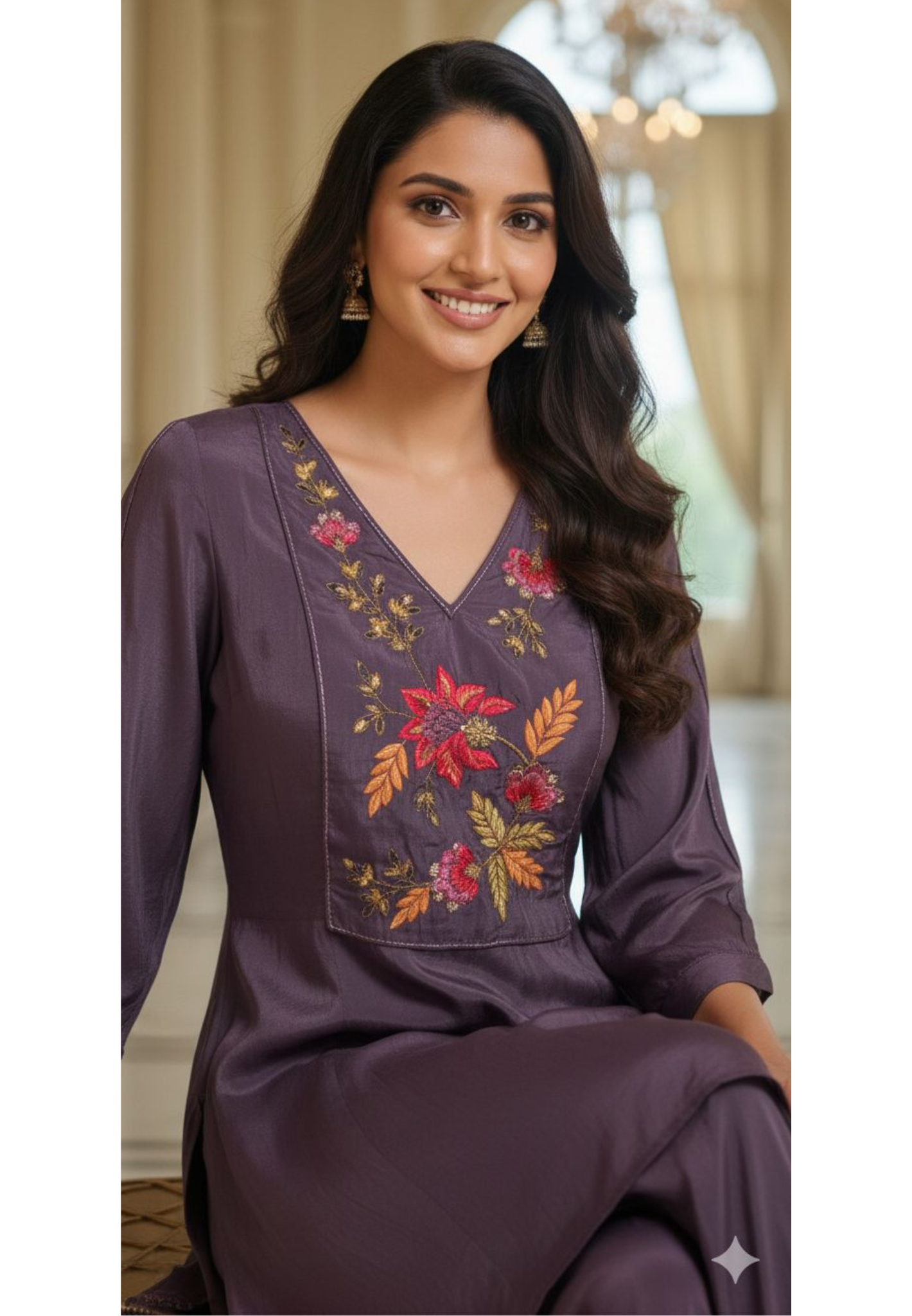 Fine Floral Embroidery Yoke Peplum Style Kurta With Panel Palazzo Bottom- 13073