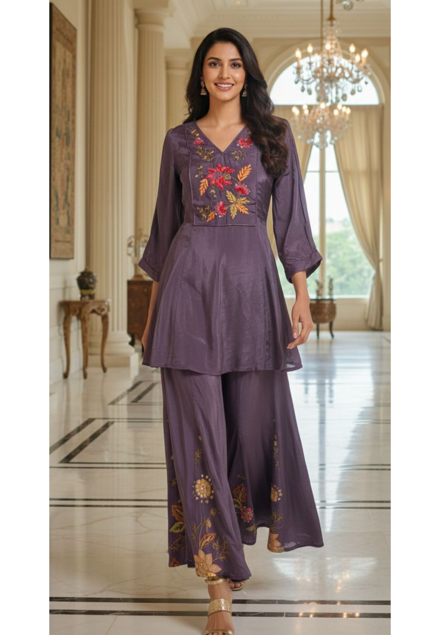 Fine Floral Embroidery Yoke Peplum Style Kurta With Panel Palazzo Bottom- 13073
