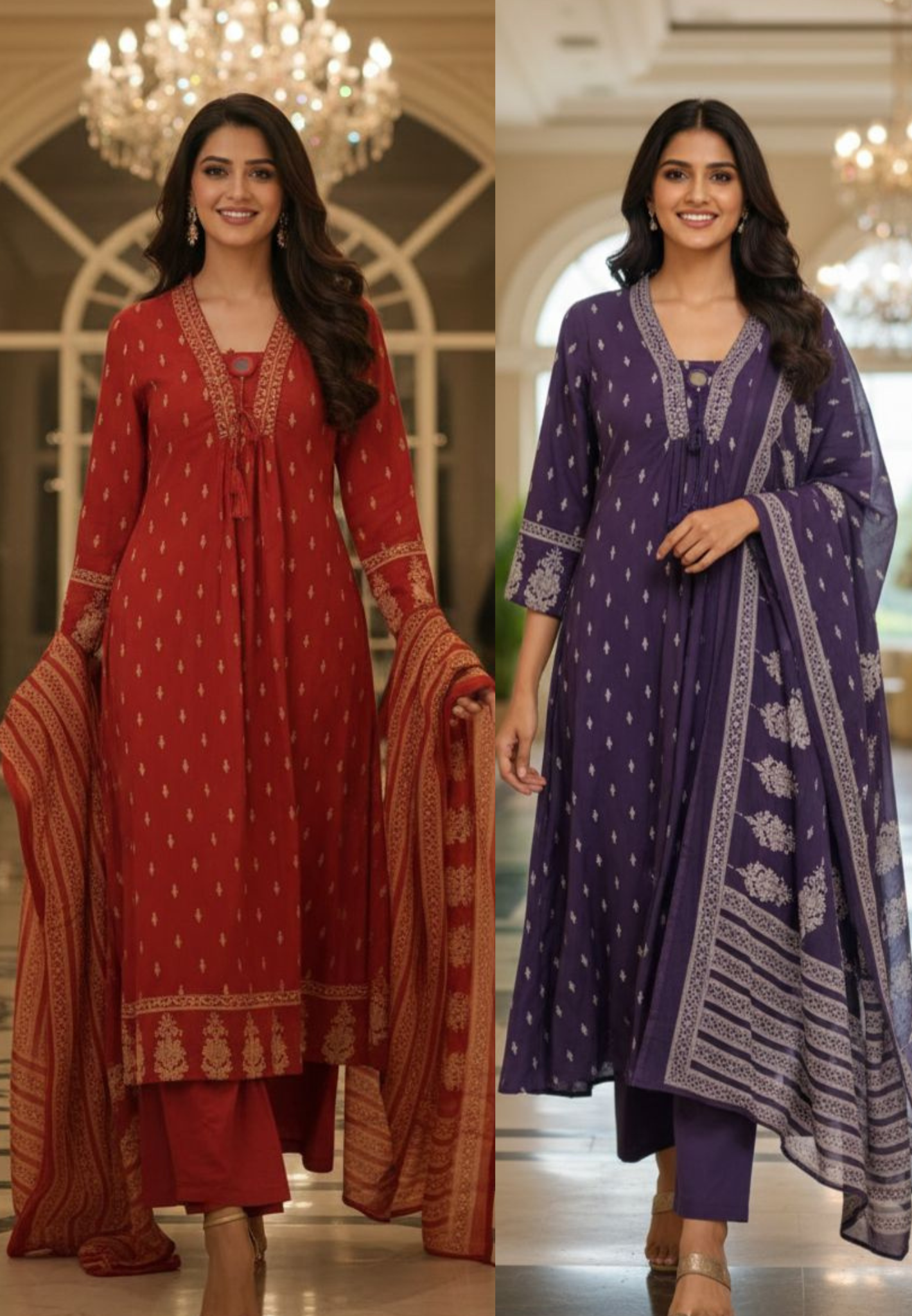 Minimal Neck Line Real Mirror Thread Tasseled A-Line Printed Full Suit Set With Dupatta In Cotton Fabric- 13047