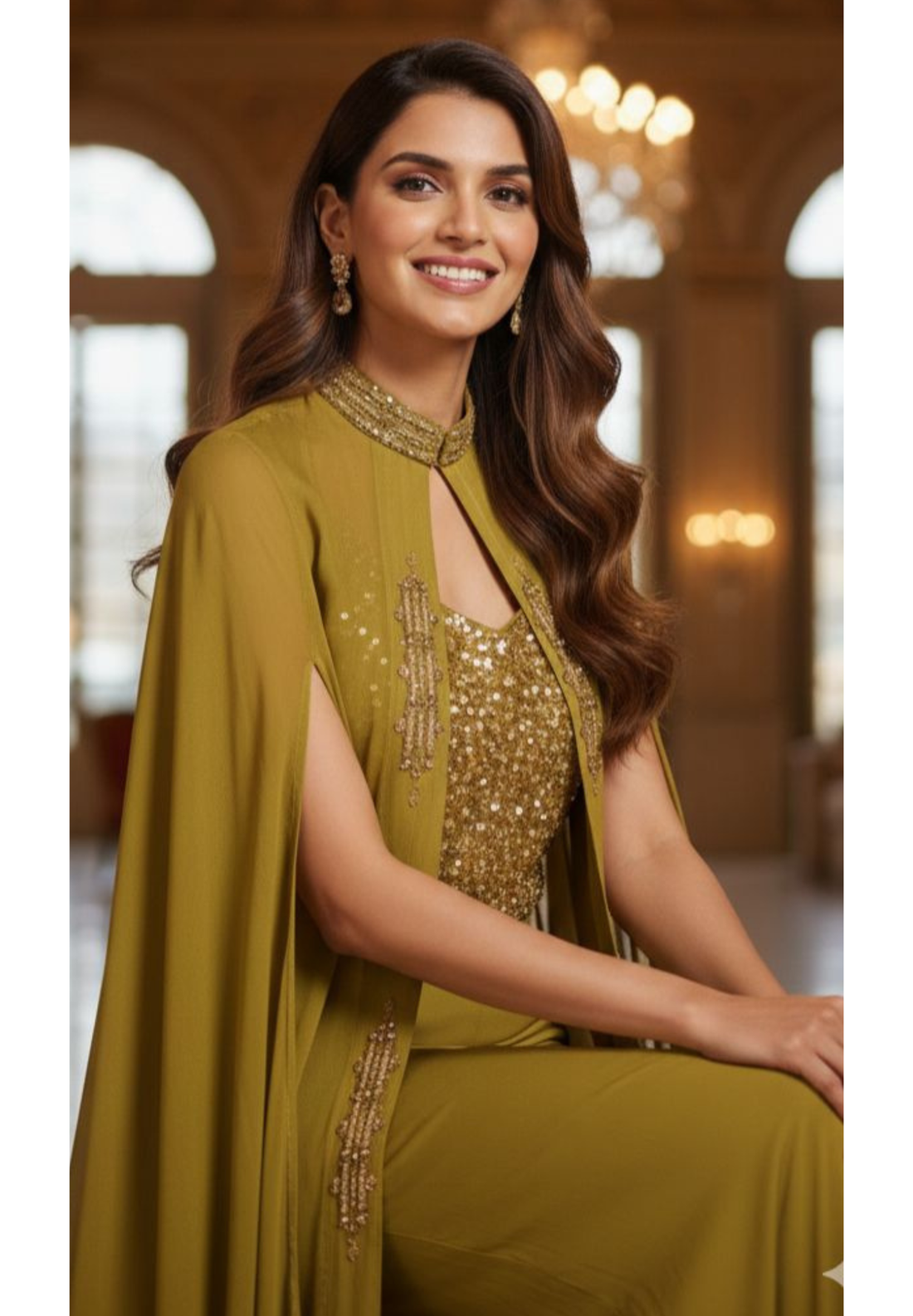 Stylish Cape With Mirror Work Busted Crop-Top & Loose Palazzo Bottom In Georgette Fabric- 13074