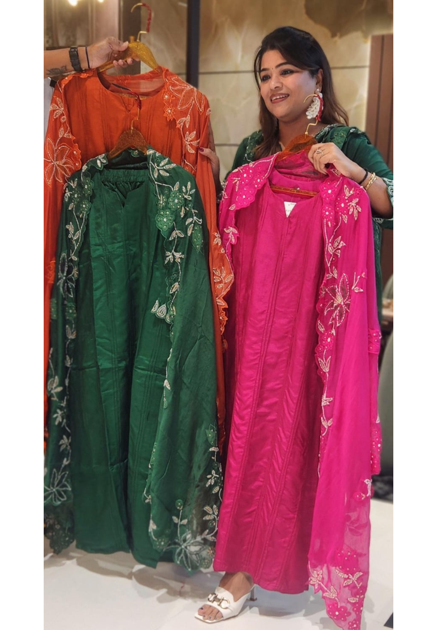 Solid Pleated Straight Full Suit Set With Complete Cut-Work Dupatta In Russian Silk Fabric-13085