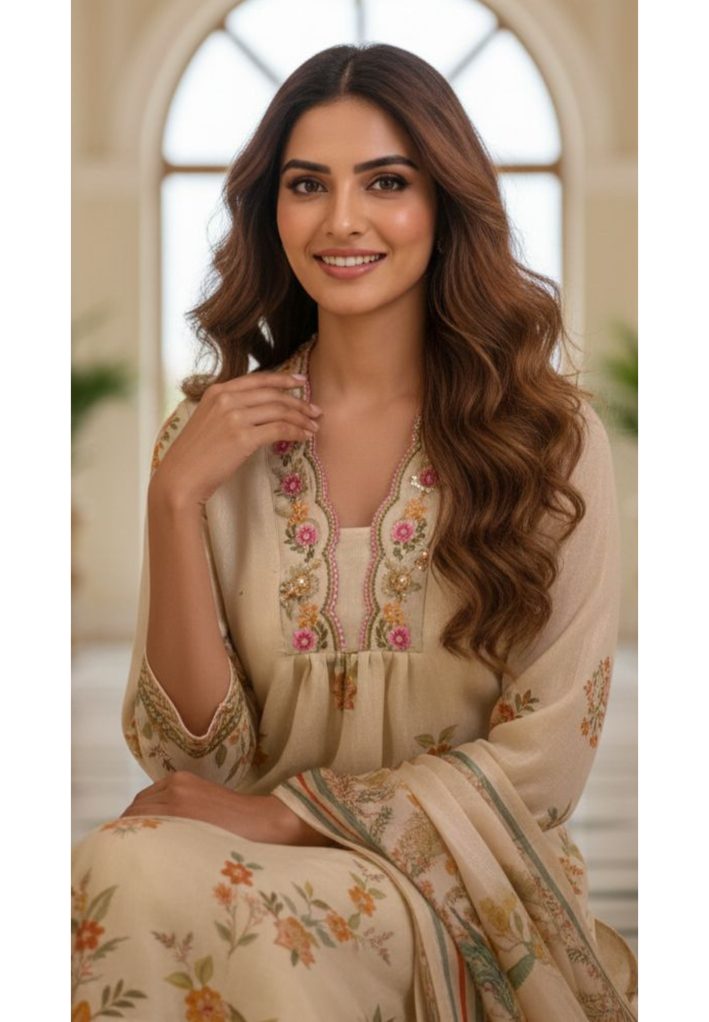 Digital Floral Patterned Print Unique Cut-Work Neck Line Full Suit Set With Dupatta-13078